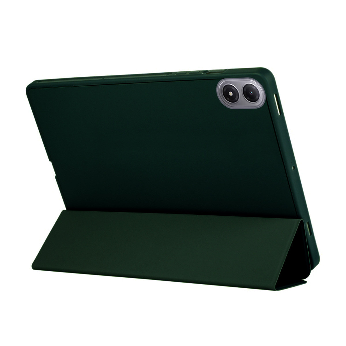 Un tablet verde scuro con una cover pieghevole è in mostra. La cover è aperta, angolata. Il tablet ha due fotocamere.