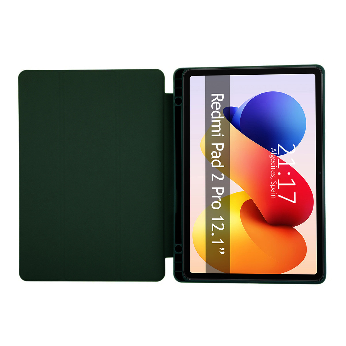 Tablet con custodia verde aperto. Lo schermo mostra immagine astratta colorata con ora e luogo.