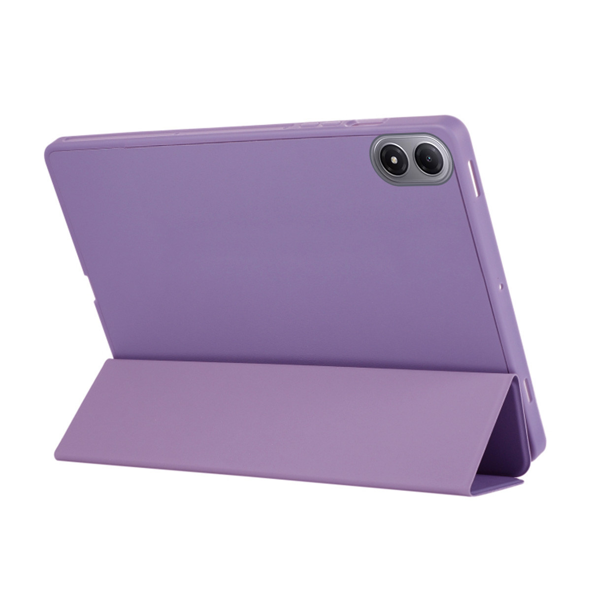 Un tablet viola in una custodia abbinata, il coperchio ripiegato per fungere da supporto. Il tablet ha due fotocamere.