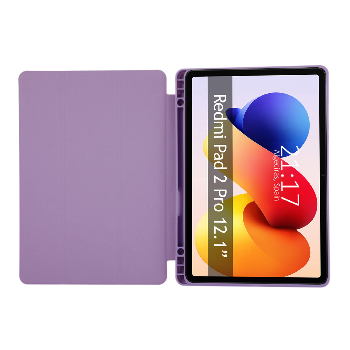 Un tablet viola con custodia è aperto. Lo schermo mostra una grafica colorata, l'ora e il luogo. È un Redmi Pad 2 Pro 12,1".