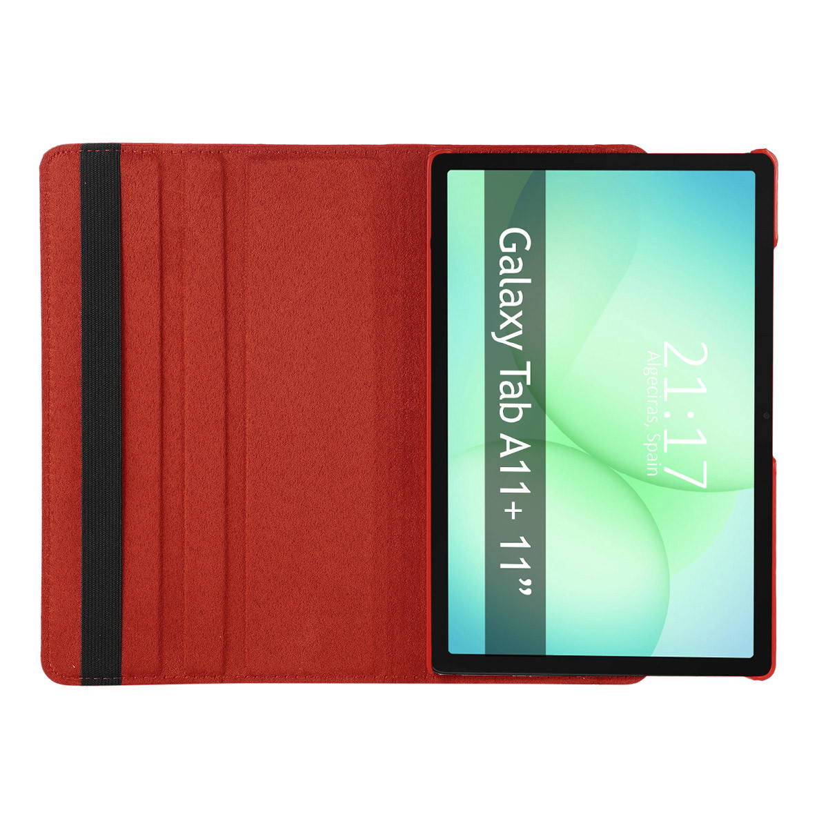 Una custodia rossa per tablet contiene un tablet che mostra "Galaxy Tab A11+ 11"" e l'ora 21:17 ad Algeciras, Spagna.