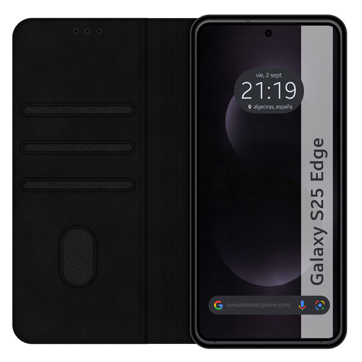 Custodia per telefono nera con telefono che mostra ora, data e posizione. Galaxy S25 Edge sul lato. La custodia è aperta.