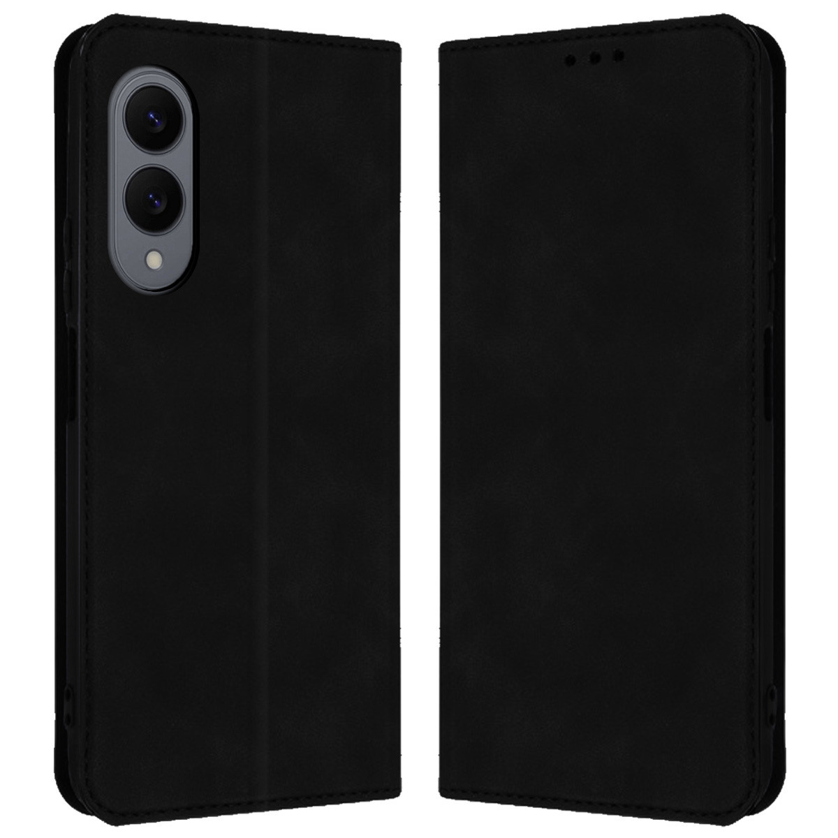 Una custodia nera per telefono, aperta per rivelare il telefono. La custodia ha un ritaglio per la fotocamera e tre punti sulla copertina anteriore.