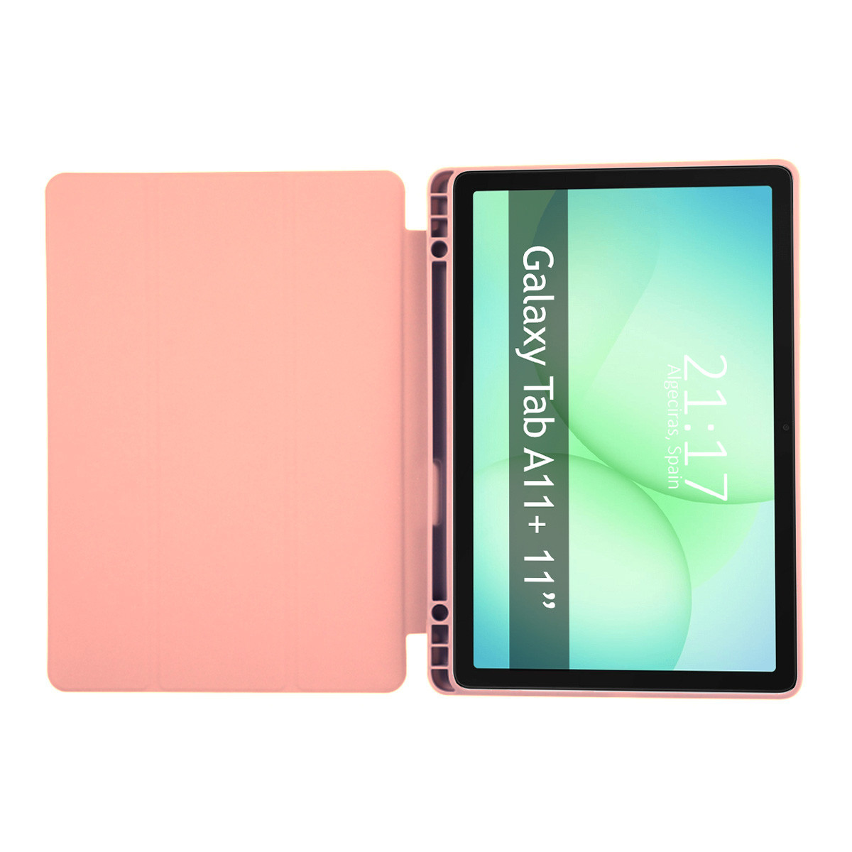 Un tablet Galaxy Tab A11+ 11" è in una custodia rosa. Lo schermo mostra l'ora, 21:17, e il luogo, Algeciras, Spagna.