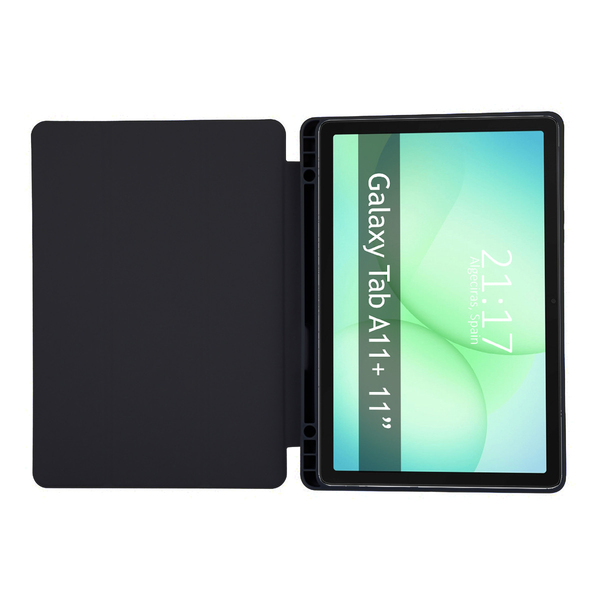 Un tablet con custodia aperta. Lo schermo mostra 'Galaxy Tab A11+ 11"' e l'ora, 21:17, ad Algeciras, Spagna.
