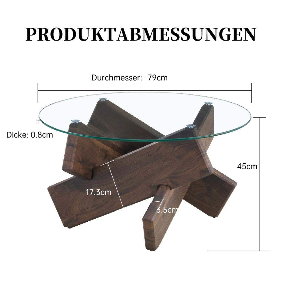 Diagramm eines Couchtisches. Der Tisch hat eine Glasplatte und ein Holzgestell. Maße sind für verschiedene Teile angegeben.