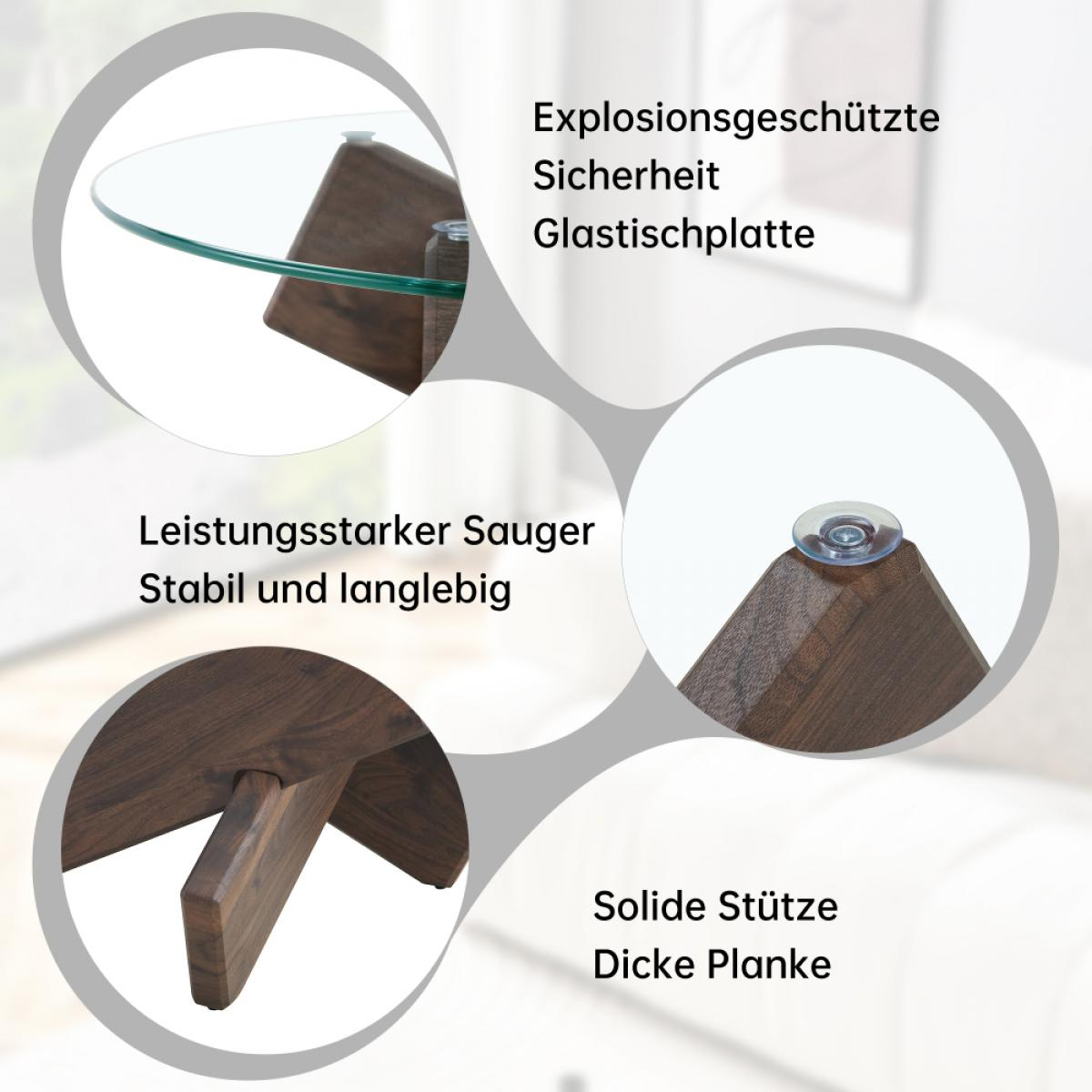 Ein Couchtisch mit Glasplatte und Holzbeinen. Das Bild zeigt Details wie Saugnäpfe und solide Stützen.