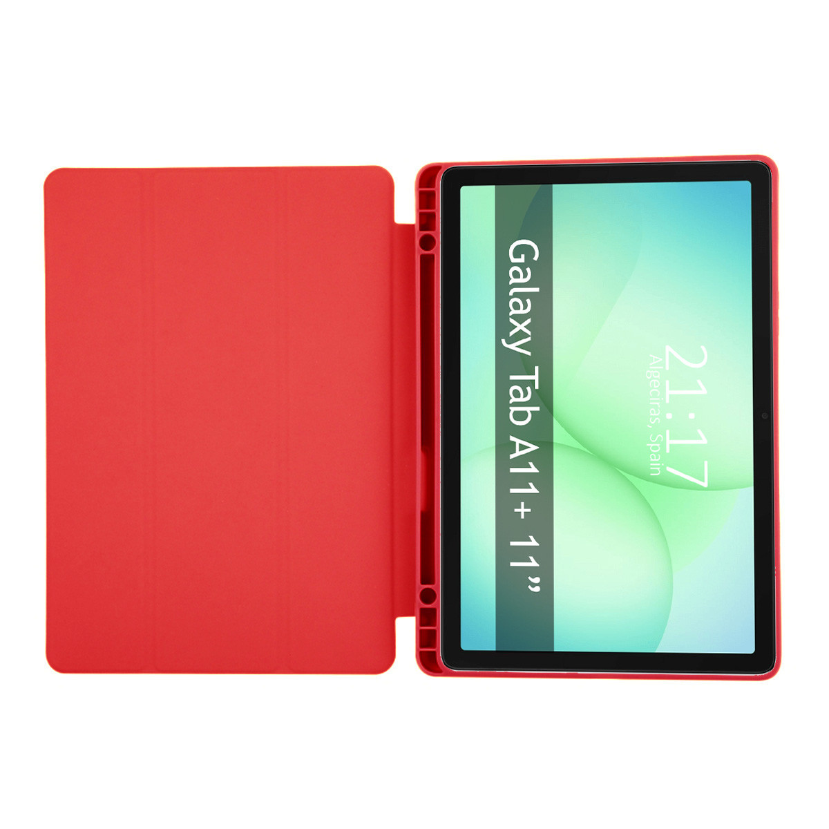 Custodia per tablet rossa aperta, che rivela un tablet. Il tablet mostra 'Galaxy Tab A11+ 11"' e l'ora, 21:17, in Spagna.