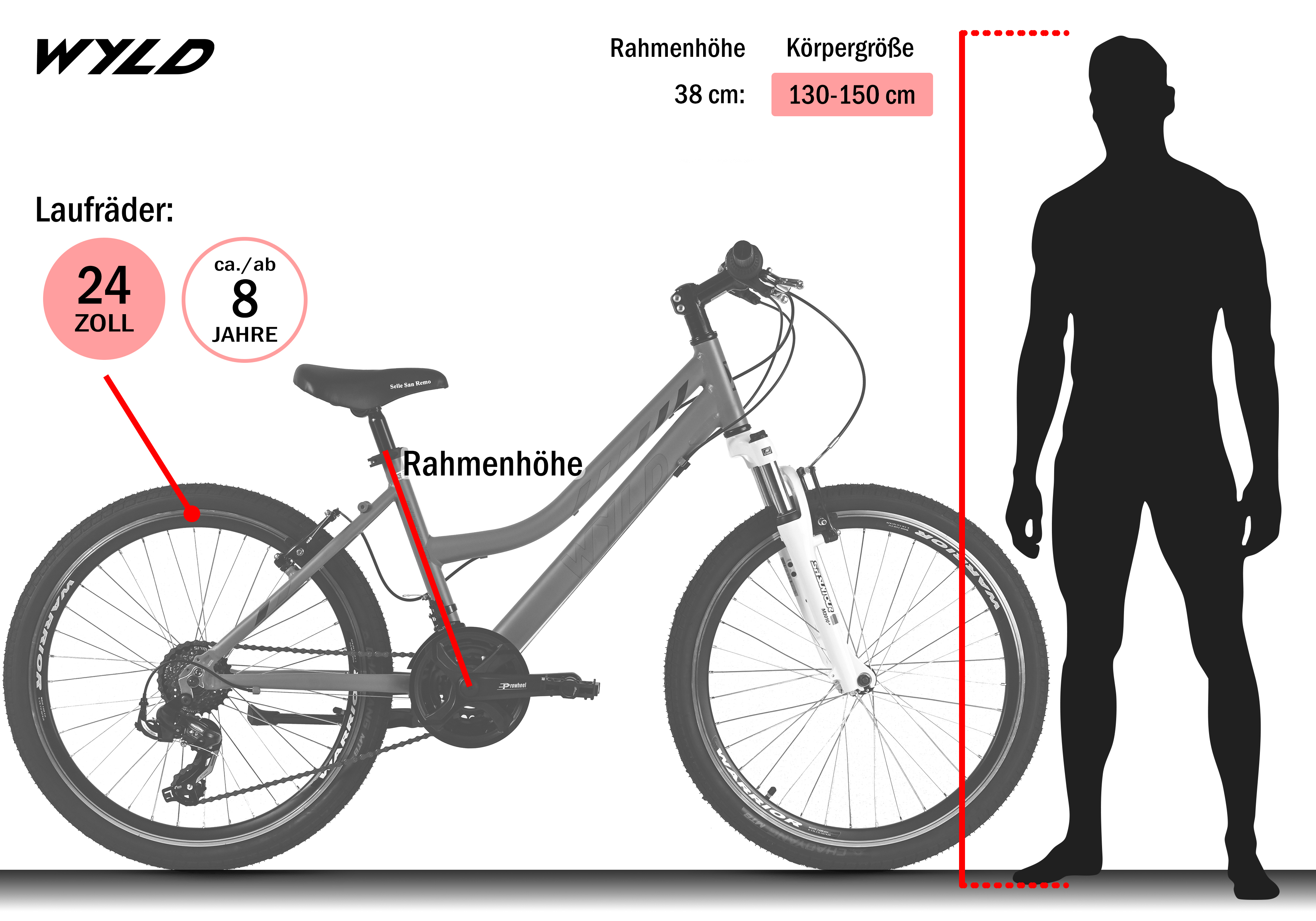 Graues Fahrrad mit schwarzen Reifen, schwarze Silhouette einer Person und Textangaben zur Größe.