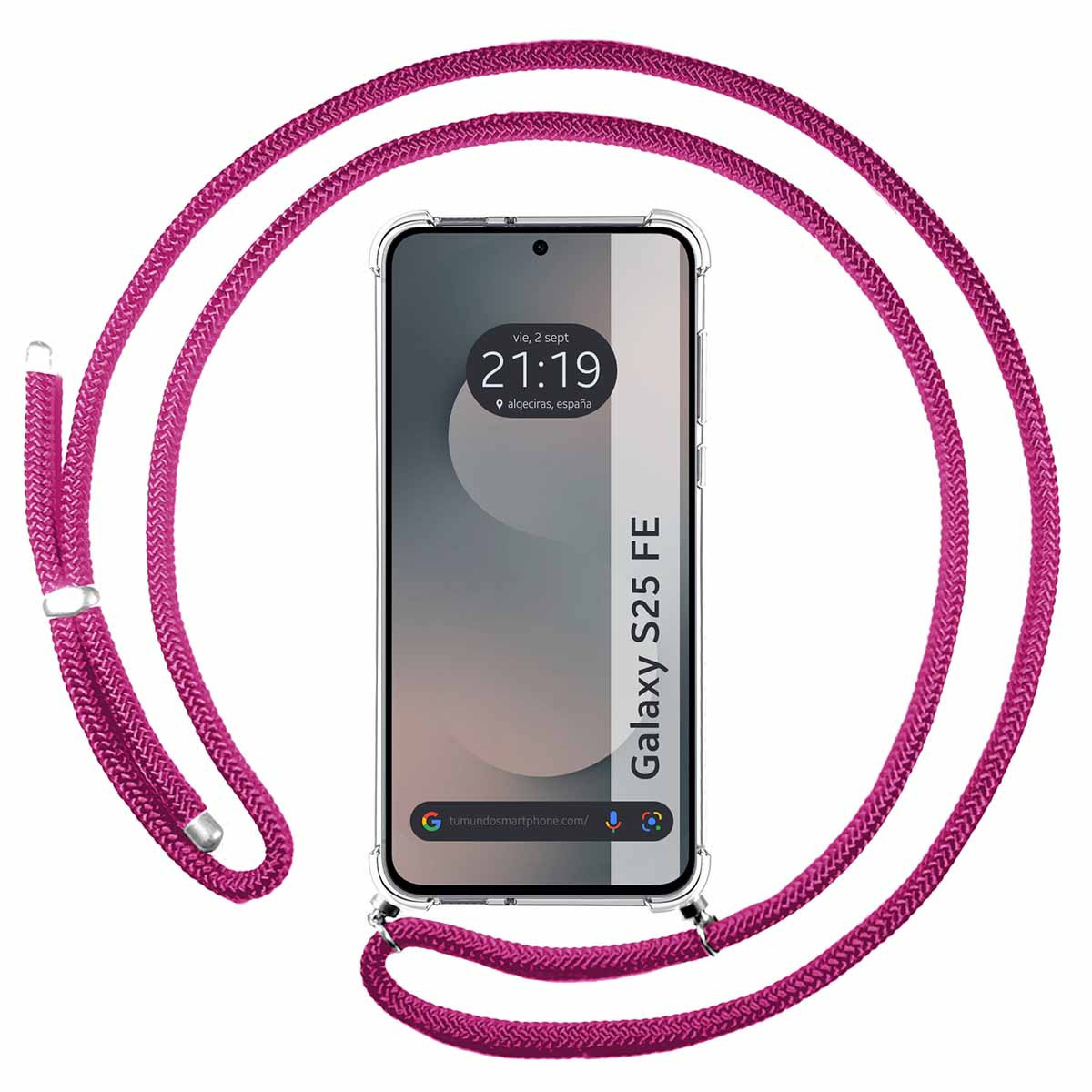 Uno smartphone in una custodia trasparente con un cordino rosa. Il telefono mostra l'ora e la data. Il modello è Galaxy S25 FE.