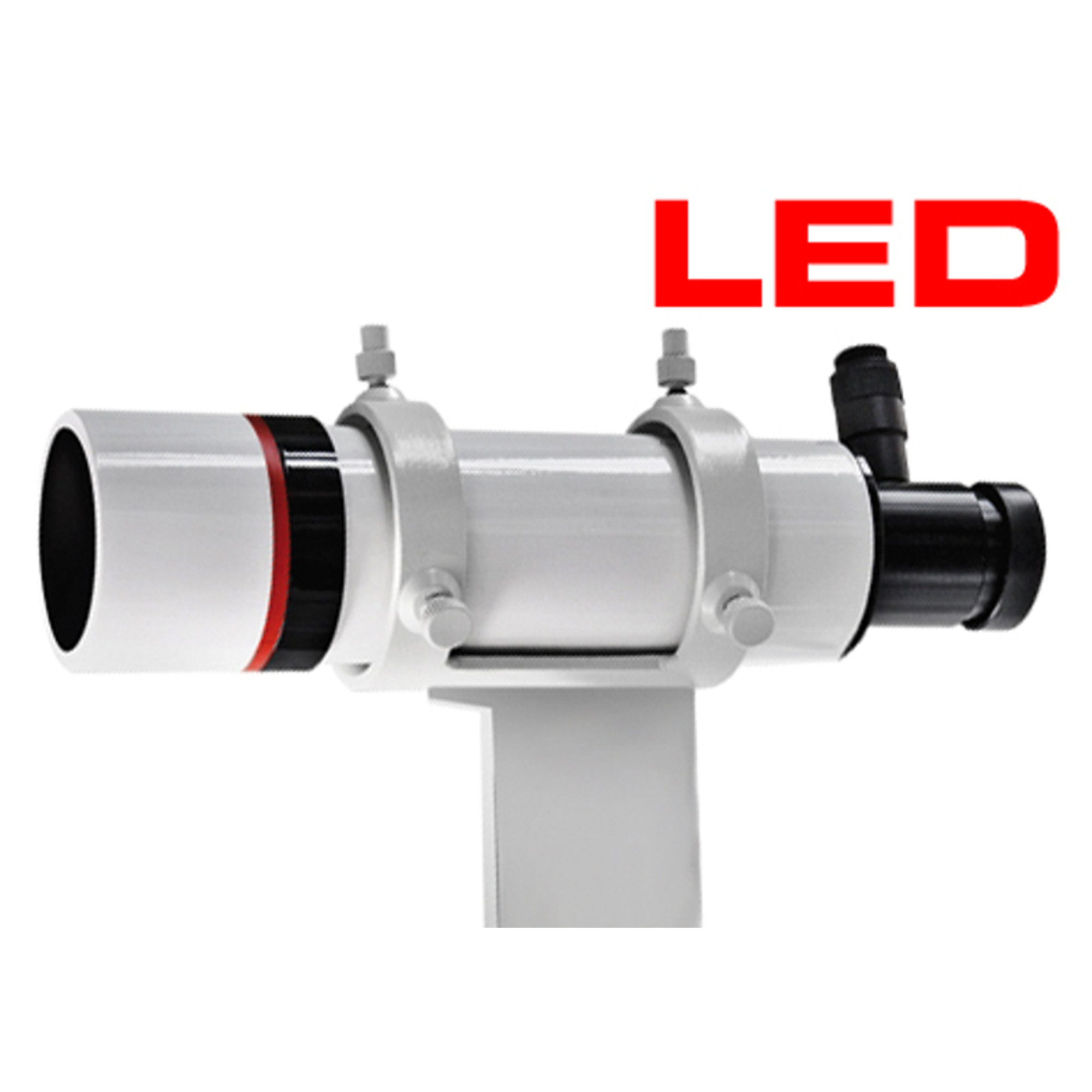 Ein weißes Teleskop mit roten und schwarzen Ringen und dem Wort 'LED' in Rot.