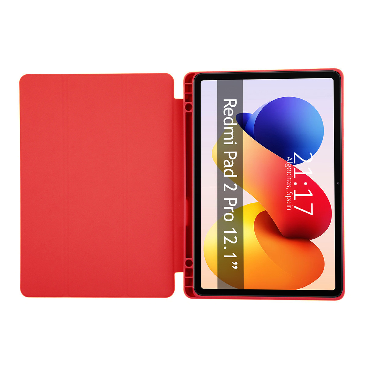 Tableta roja en una funda roja. La pantalla muestra un diseño abstracto con un reloj. La tableta está etiquetada como Redmi Pad 2 Pro 12.1".