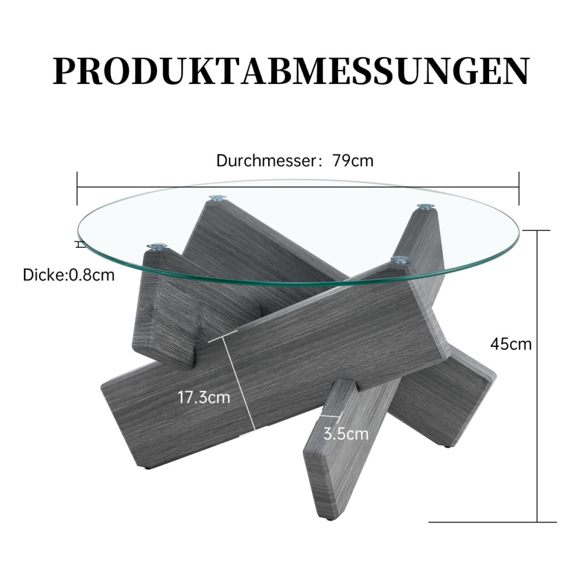 Ein Couchtisch mit Glasplatte und grauen Holzbeinen. Abmessungen: Durchmesser 79cm, Dicke 0,8cm, Höhe 45cm.