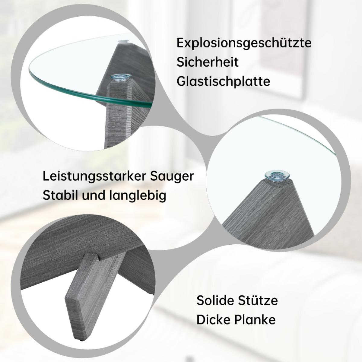 Nahaufnahme eines Glastisches mit Holzfuß. Das Bild zeigt die Eigenschaften des Tisches: Sicherheit, Stabilität und solide Stütze.