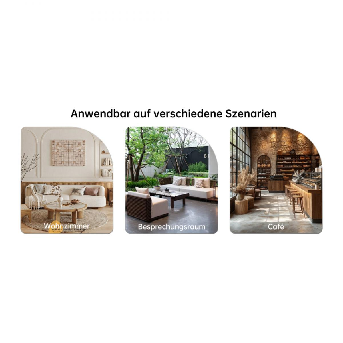 Das Bild zeigt drei Innenszenarien: Wohnzimmer, Besprechungsraum mit Außenansicht und Café mit Bar.