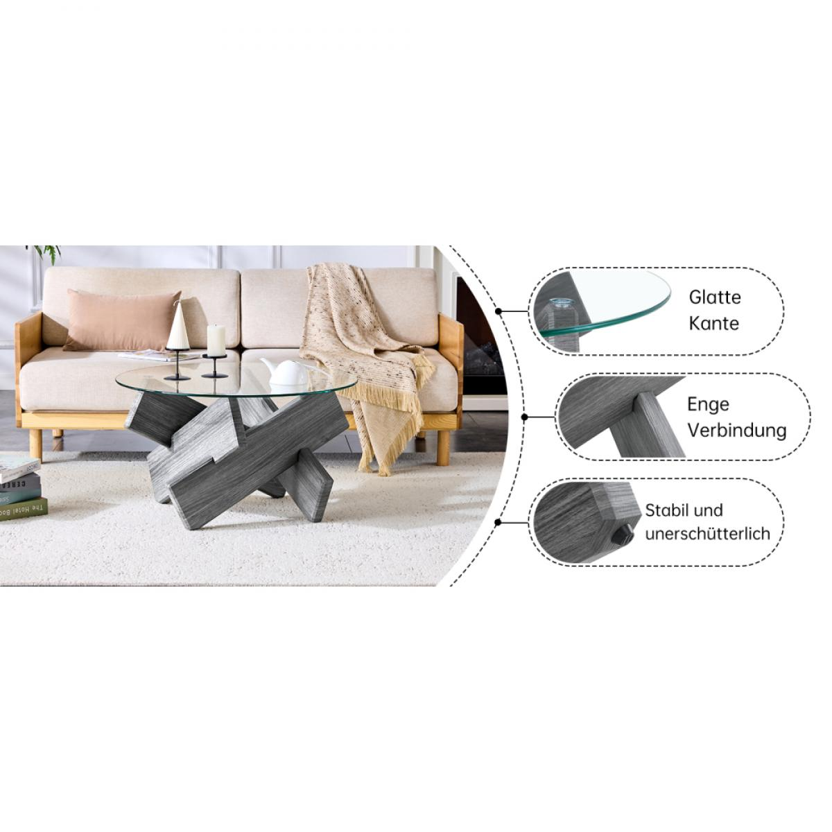 Modernes Wohnzimmer mit Glastisch und beigem Sofa. Details zeigen glatte Kante, enge Verbindung und Stabilität.