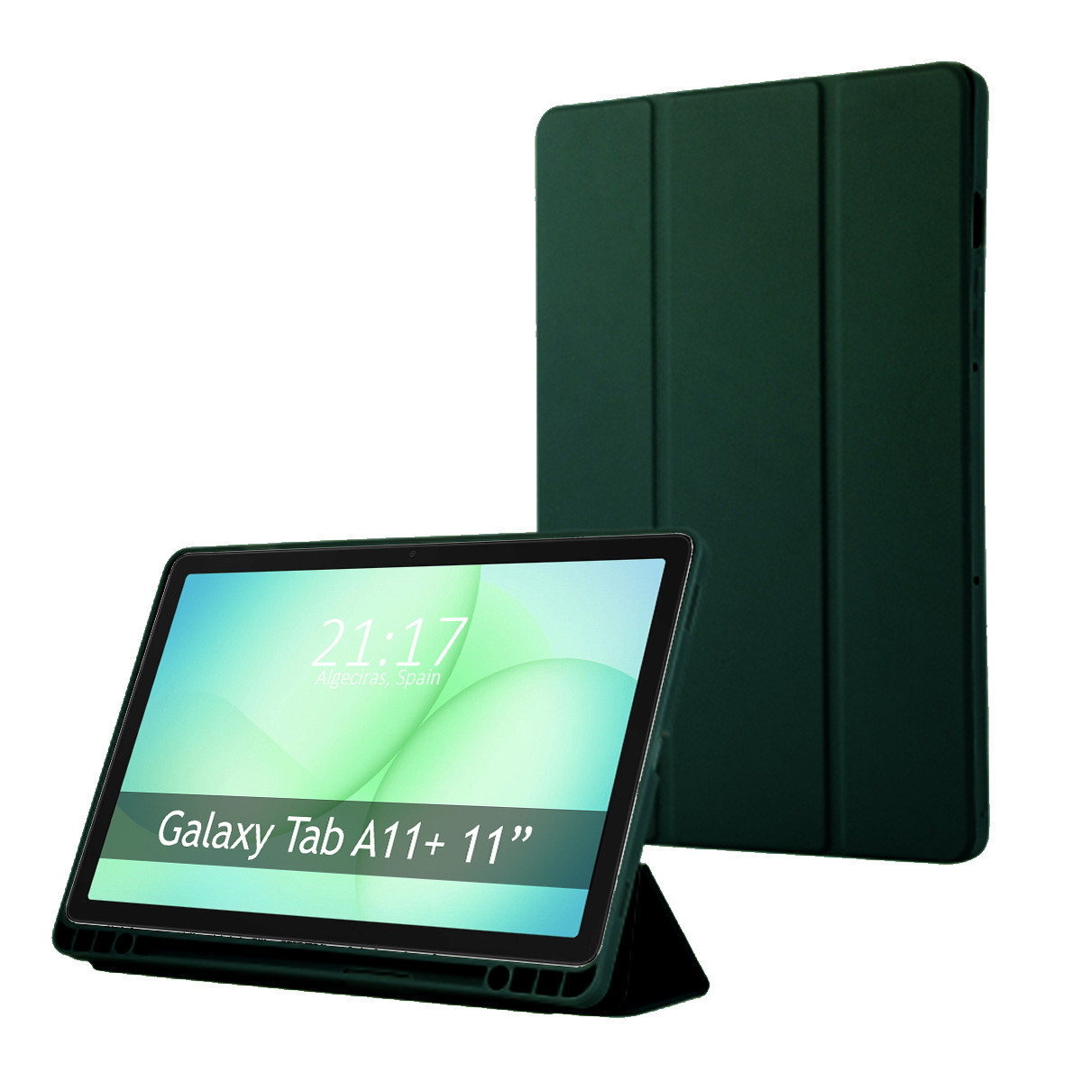 Un tablet verde Galaxy Tab A11+ 11" con custodia verde è in mostra. Il tablet mostra le 21:17 ad Algeciras, Spagna.