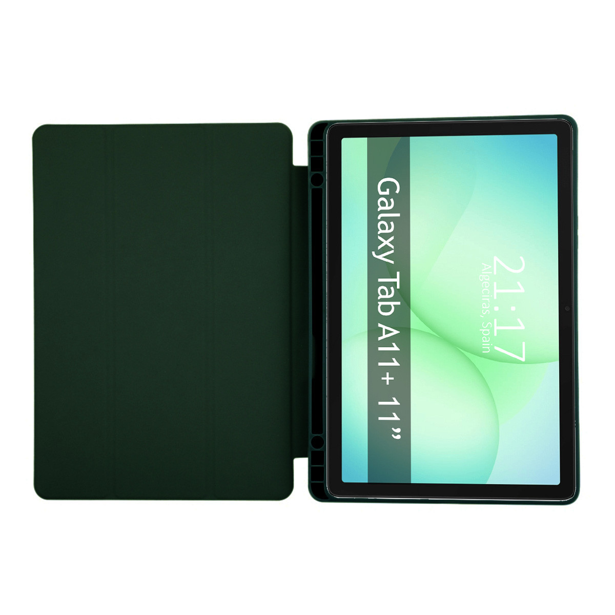 Un tablet con una cover verde scuro è aperto, mostrando l'ora e il luogo. Lo schermo mostra "Galaxy Tab A11+ 11". L'ora è 21:17.