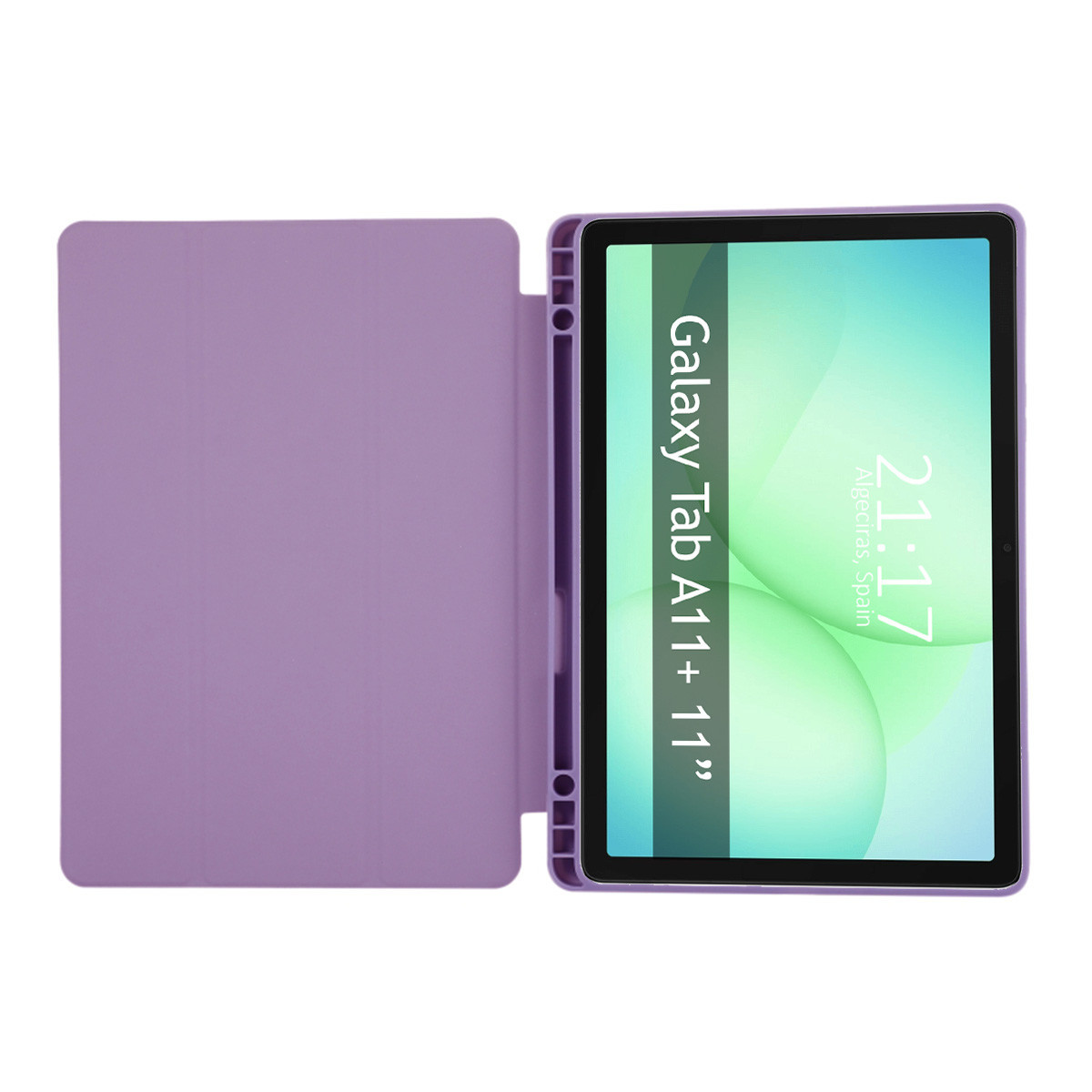 Un tablet Galaxy Tab A11+ 11" in una custodia viola. Lo schermo mostra l'ora 21:17 ad Algeciras, Spagna.