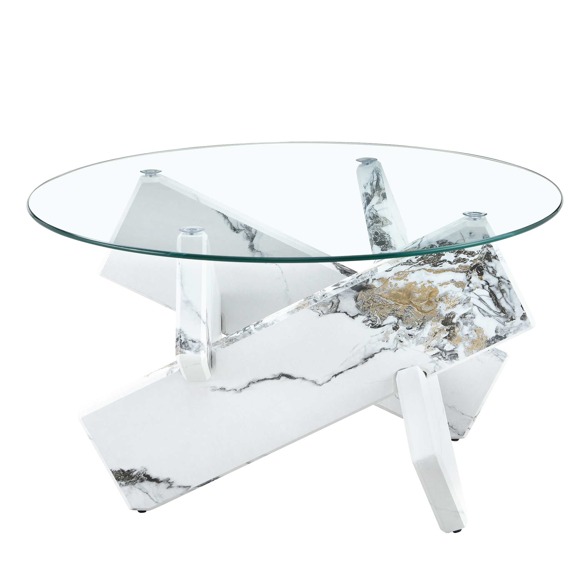 Ein moderner Couchtisch mit runder Glasplatte. Der Sockel ist weiß mit Marmormustern.