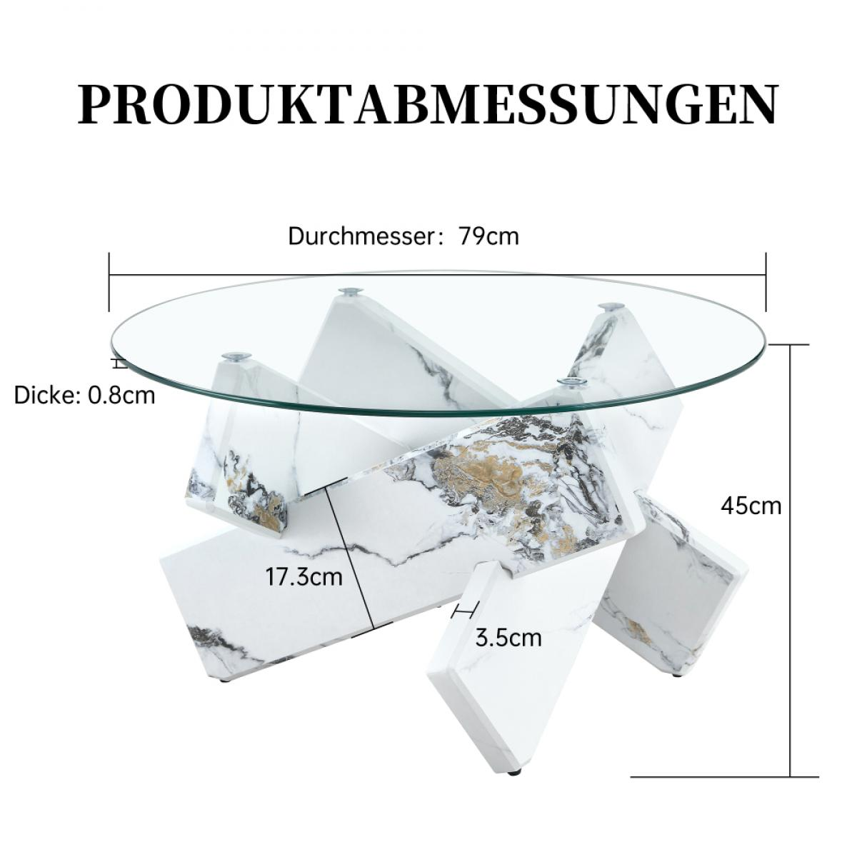 Ein Couchtisch mit Glasplatte und Beinen mit Marmormuster. Abmessungen: 79 cm Durchmesser, 0,8 cm dick, 45 cm hoch und 17,3 cm und 3,5 cm Beinstärke.