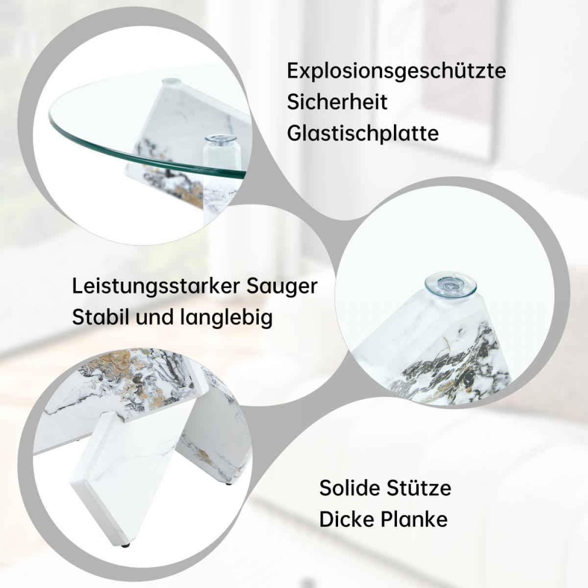 Ein Glastisch mit marmorähnlichen Stützen. Text hebt Sicherheit, Haltbarkeit und eine starke Saugfunktion hervor.
