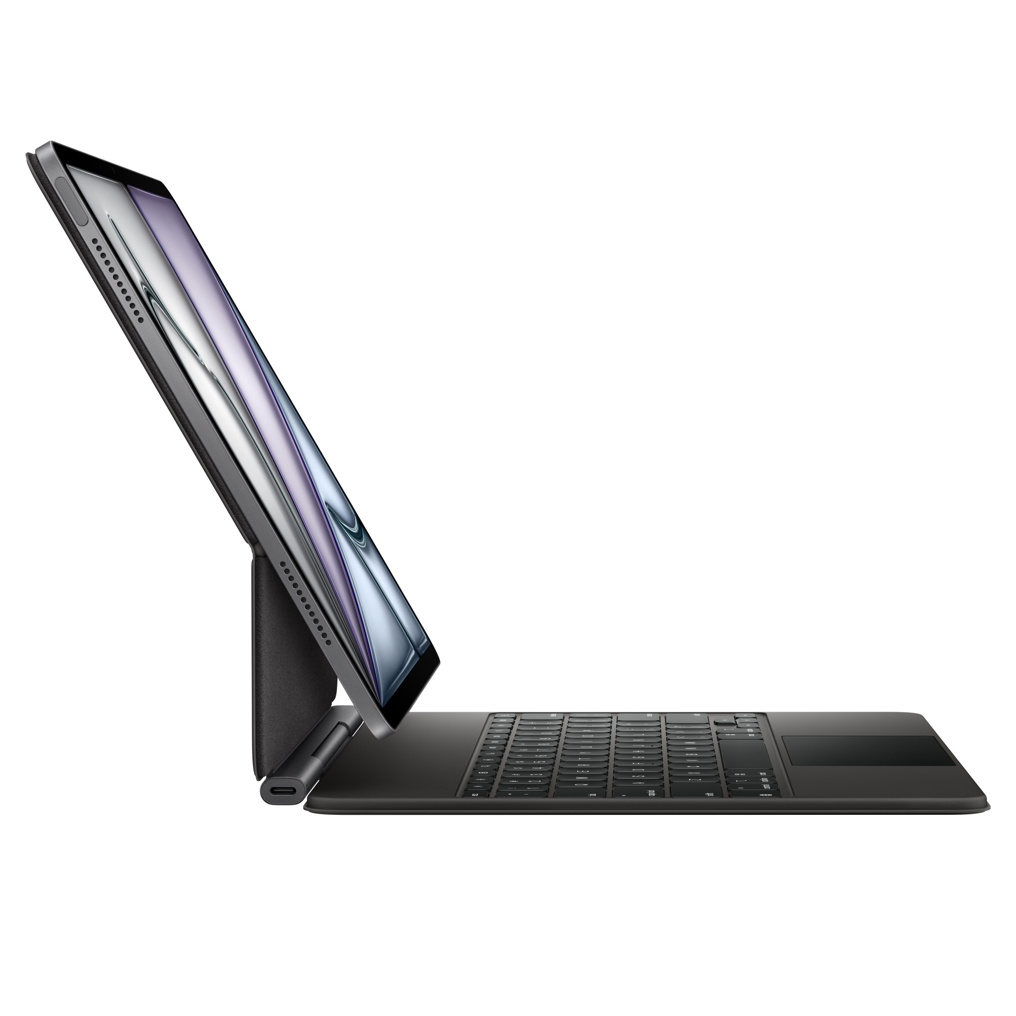Un tablet con tastiera collegata. Lo schermo è inclinato verso l'alto. La tastiera è nera, con un trackpad. Lo sfondo è bianco.