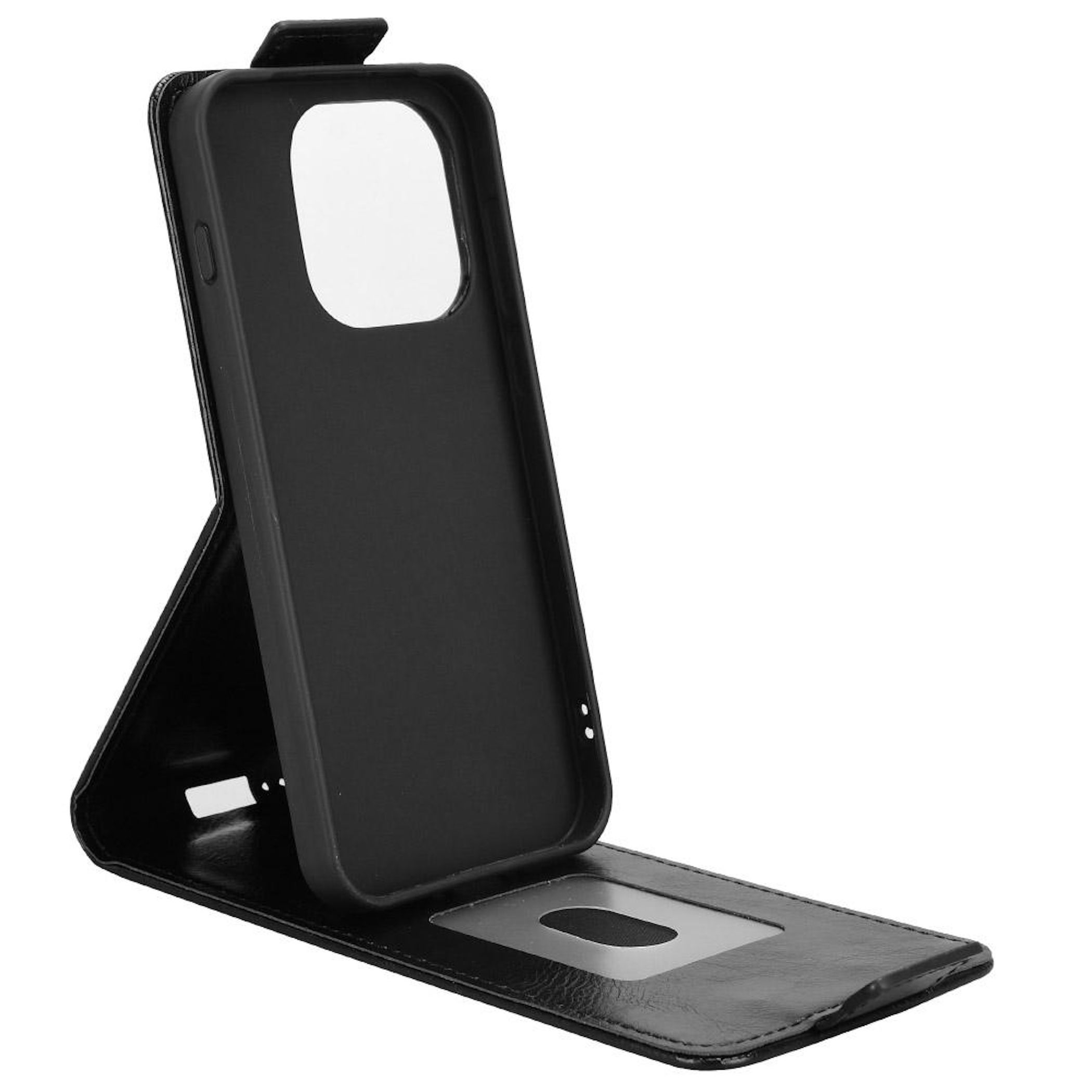 Funda de teléfono negra abierta, mostrando el soporte y una ventana transparente.