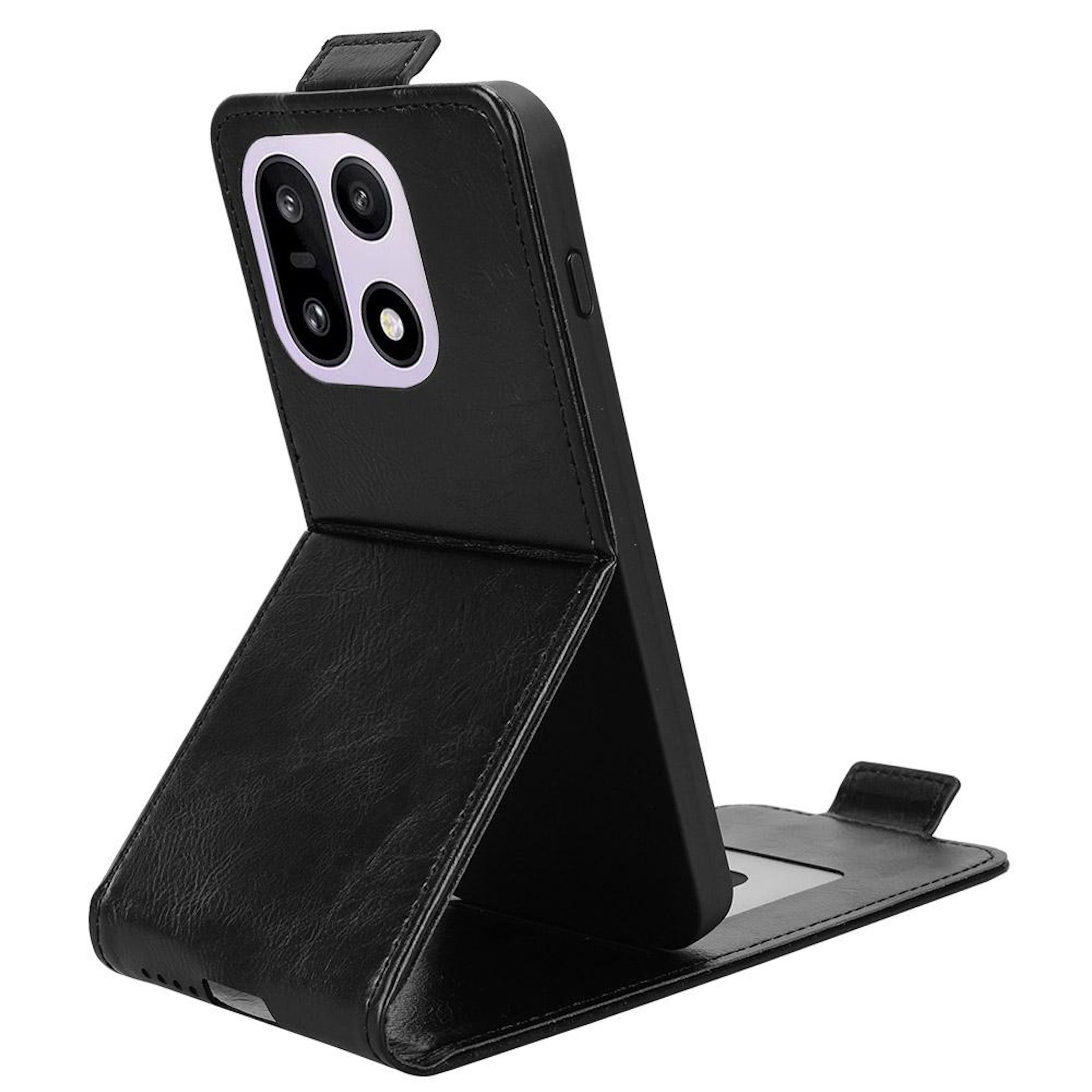 Funda de teléfono negra con soporte. La funda está abierta, mostrando la cámara y la pantalla.