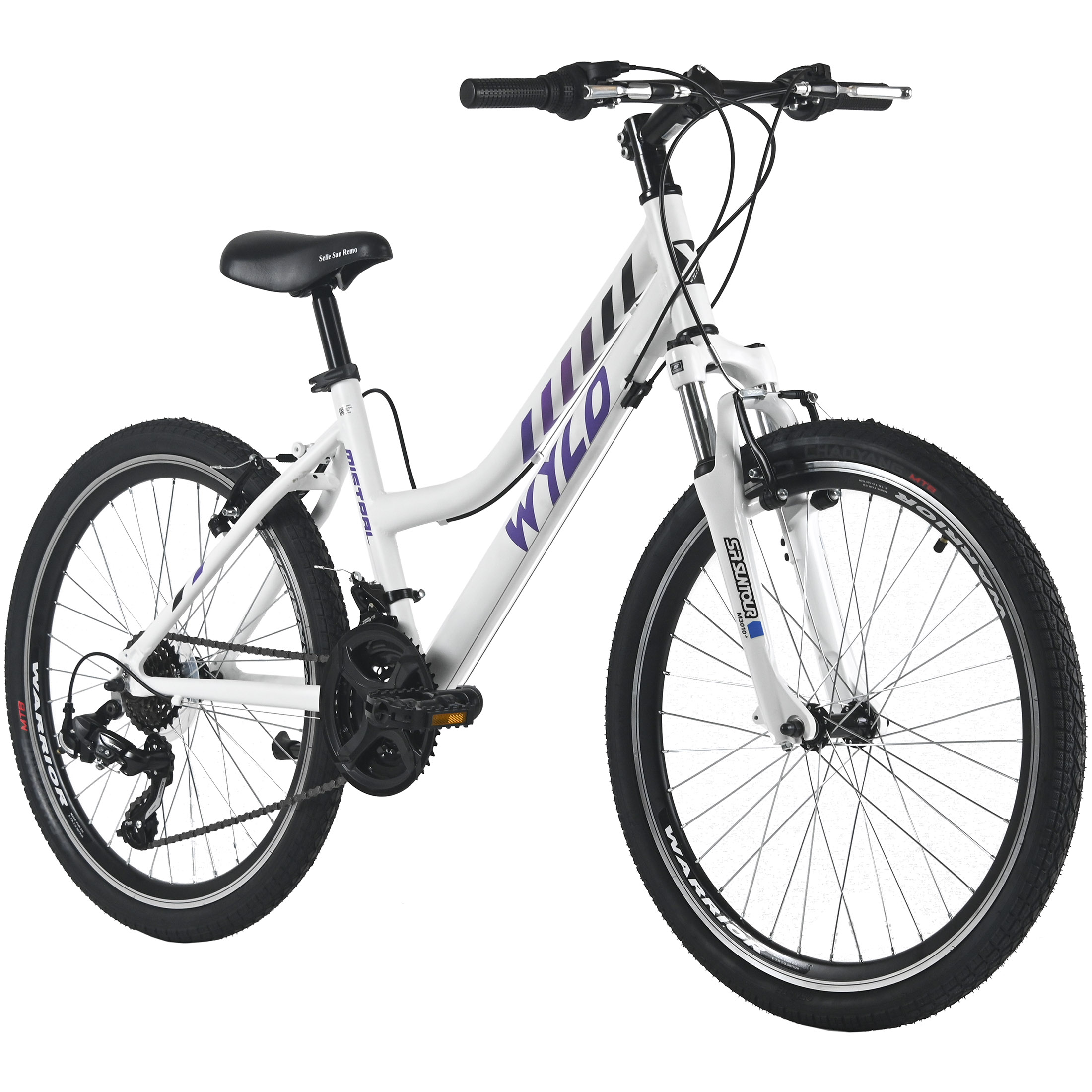 Weißes und lila Mountainbike. Es hat schwarze Reifen, einen schwarzen Sattel und den Markennamen 'WYLD' auf dem Rahmen.