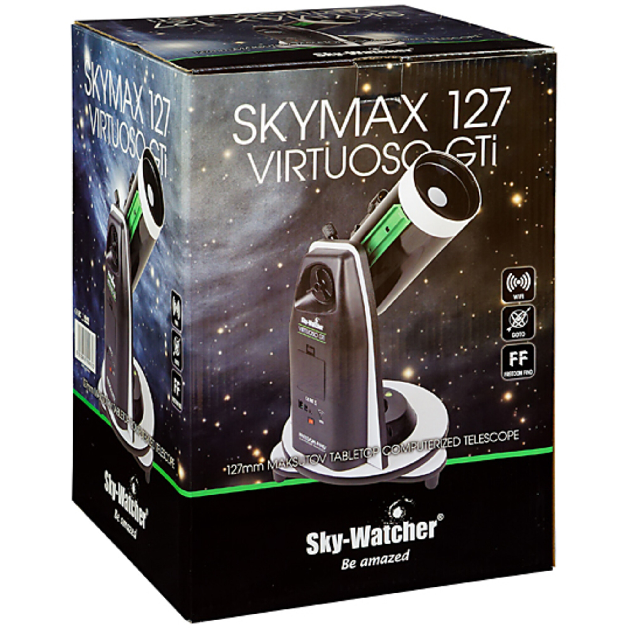 Eine Schachtel mit einem Teleskopbild darauf. Die Marke ist Sky-Watcher. Der Text lautet SkyMax 127 Virtuoso GTi.