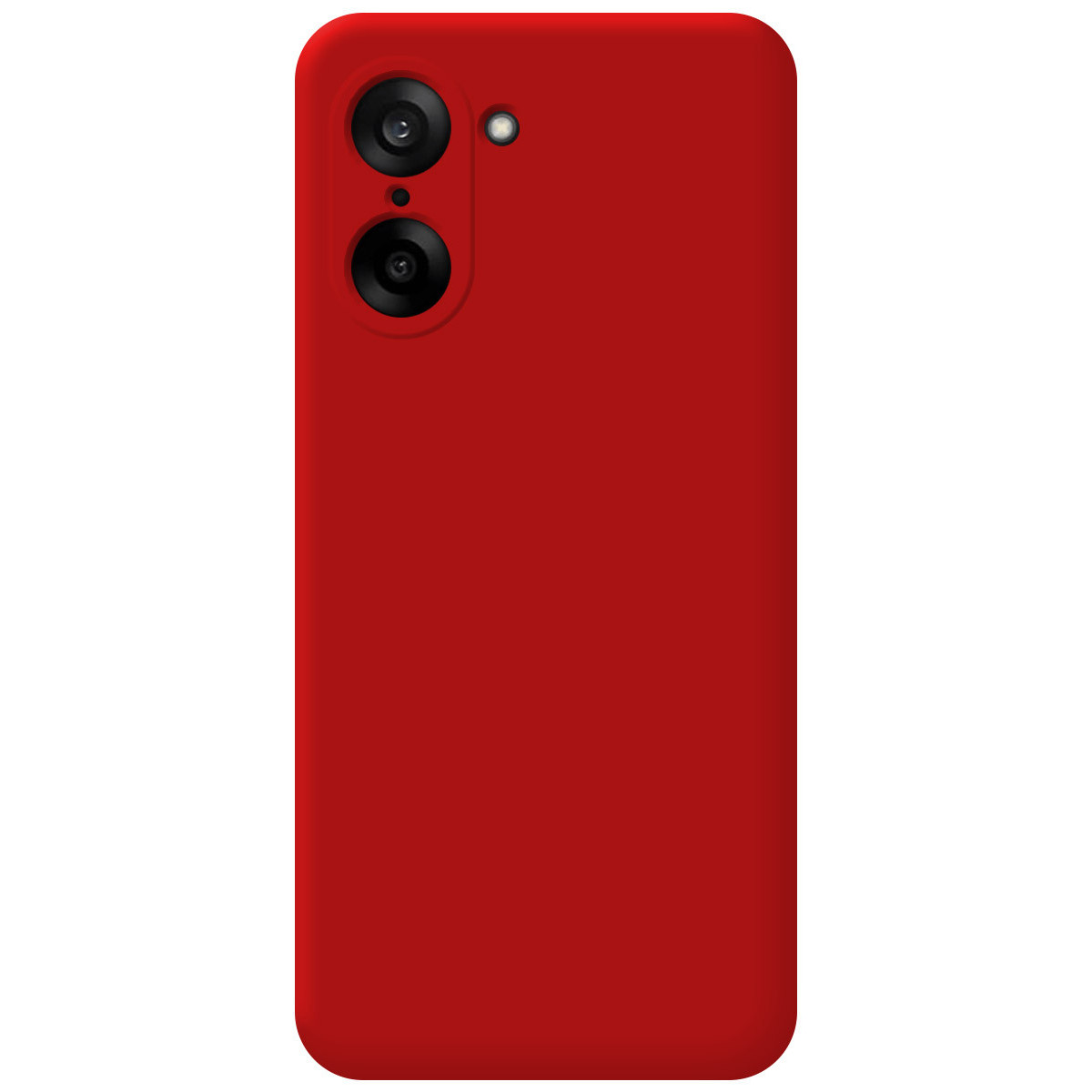 Una cover posteriore per smartphone rossa. Ha due lenti della fotocamera e un flash. Gli angoli sono arrotondati.