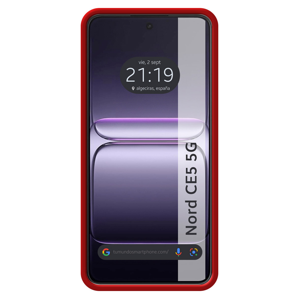 Uno smartphone in una custodia rossa mostra l'ora 21:19. Lo schermo del telefono ha una sfumatura viola con la scritta 'Nord CE5 5G'.