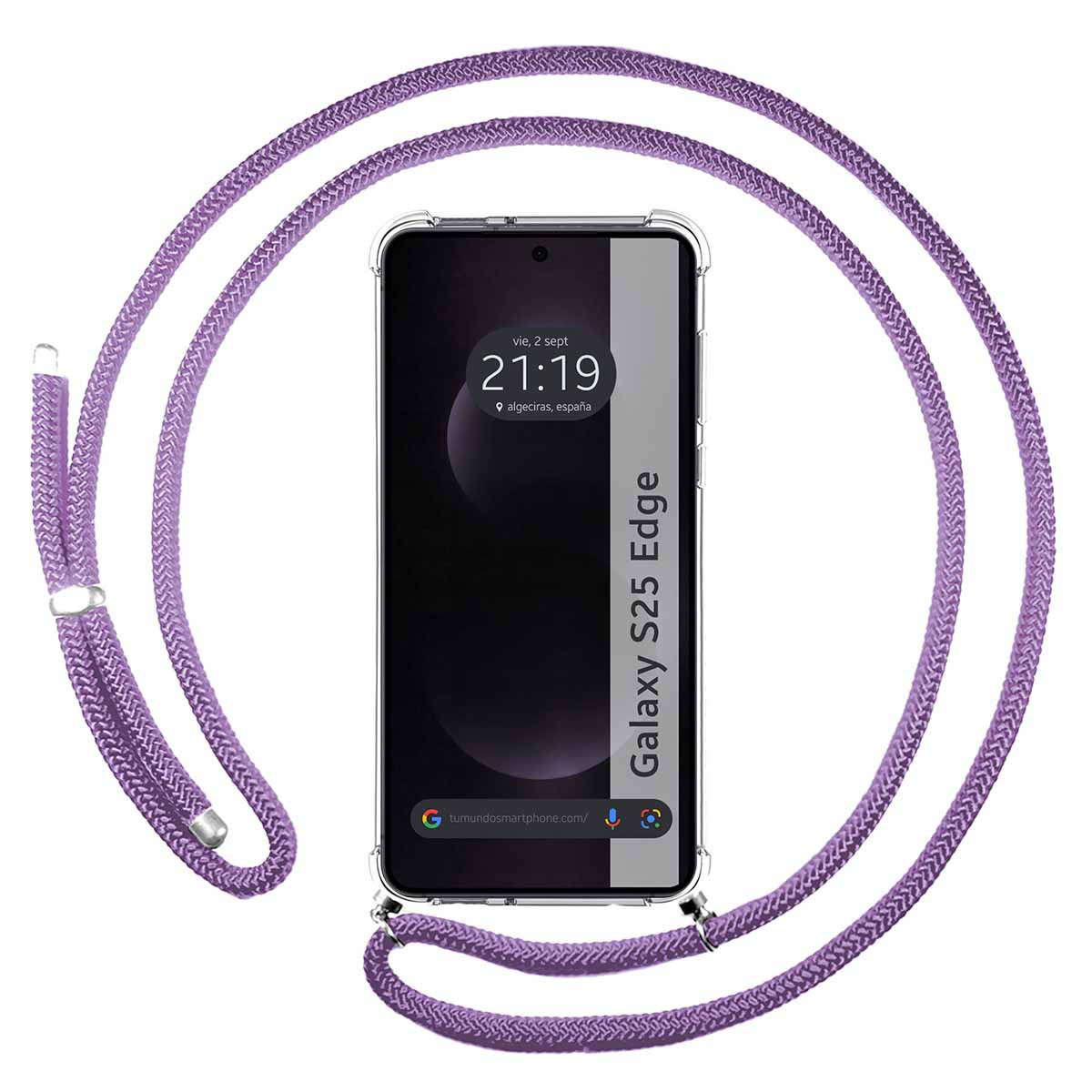 Un telefono Galaxy S25 Edge con un cordino viola. Il telefono mostra l'ora e il luogo. Il cordino è avvolto attorno al telefono.