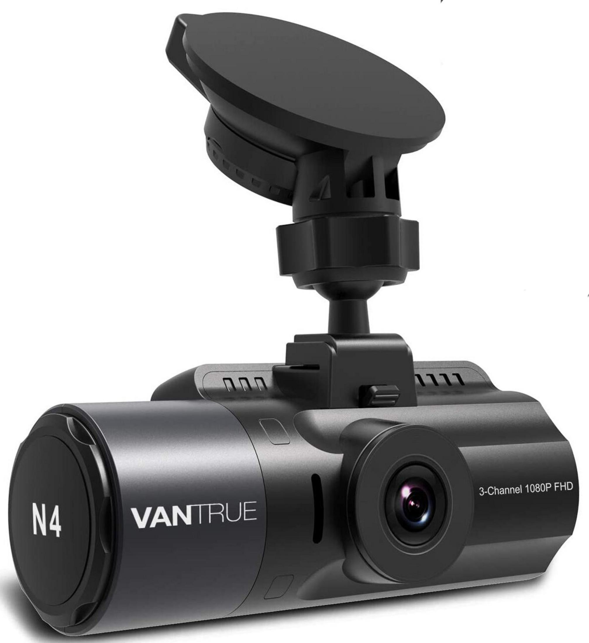 Dashcam Vantrue N4 nera. È montata e ha una ventosa. La dashcam ha tre obiettivi e registra in 1080p FHD.