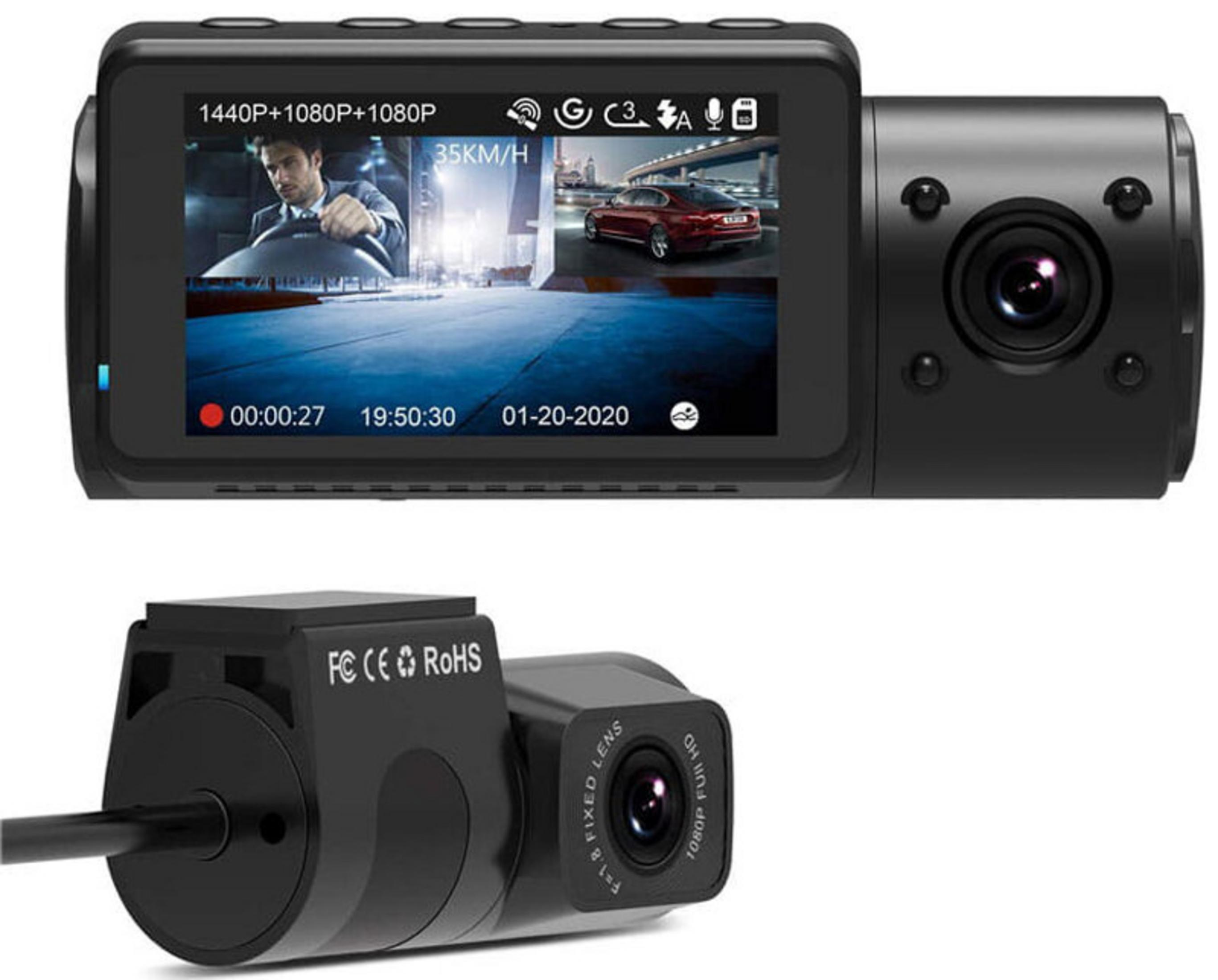 Dashcam per auto nera con schermo che mostra viste interne ed esterne dell'auto, ora e velocità. Parte inferiore con lente.