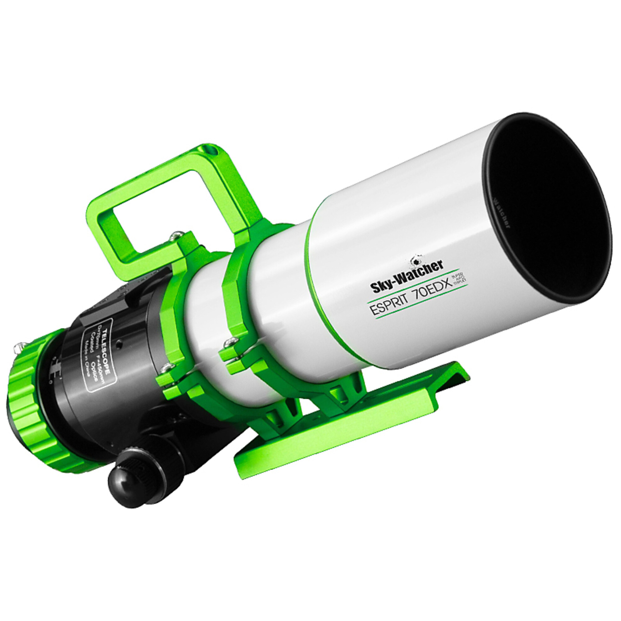 Ein weißes und schwarzes Teleskop mit grünen Akzenten. Es hat einen Griff und ist mit Sky-Watcher ESPRIT 70EDX beschriftet.