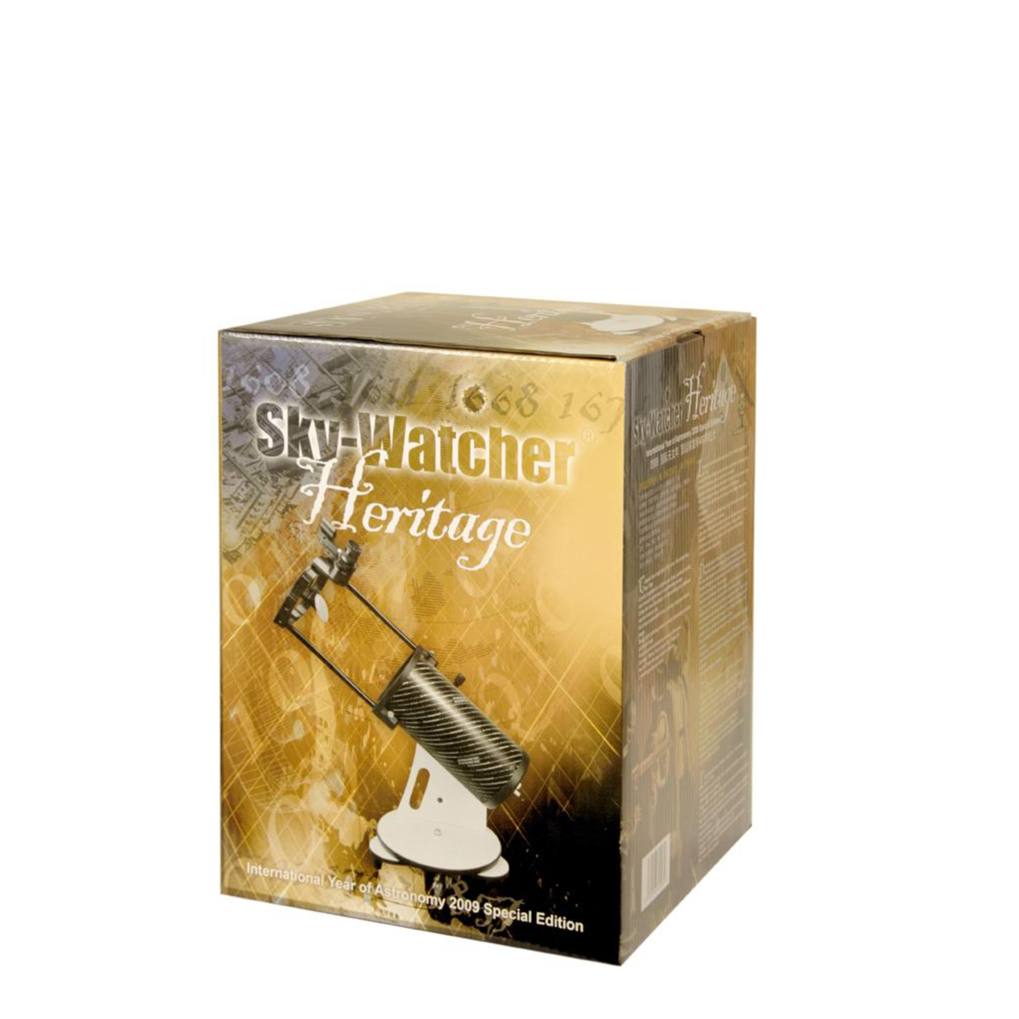Schachtel für ein Sky-Watcher Heritage Teleskop. Es zeigt das Teleskop und Text, mit weißem Hintergrund.