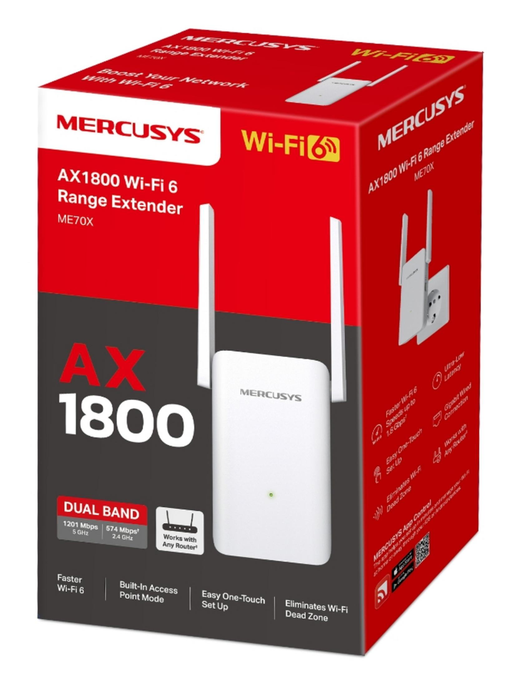 Mercusys AX1800 Wi-Fi 6 Menzil Genişletici kutusu. Kutu kırmızı ve beyaz, ürün adı ve özellikleriyle.