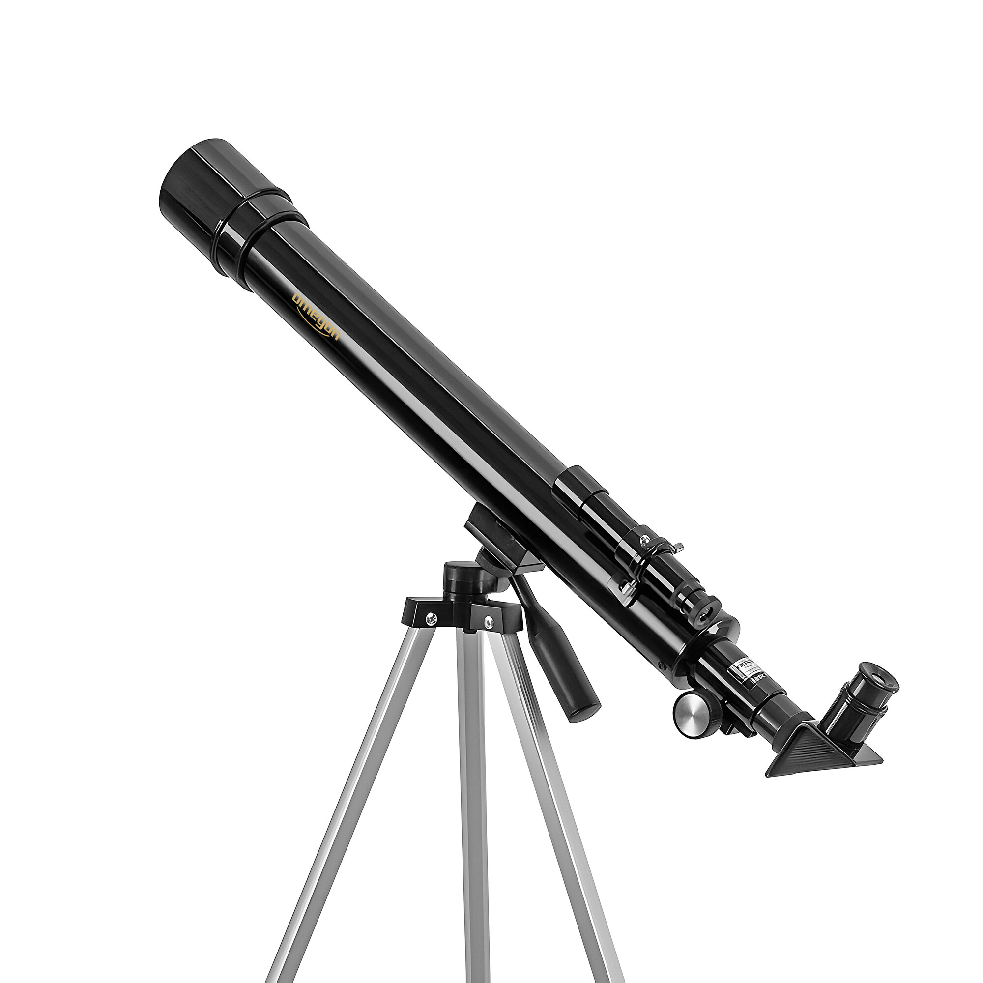 Ein schwarzes Teleskop auf einem silbernen Stativ. Das Teleskop ist nach oben gerichtet. Der Hintergrund ist weiß.