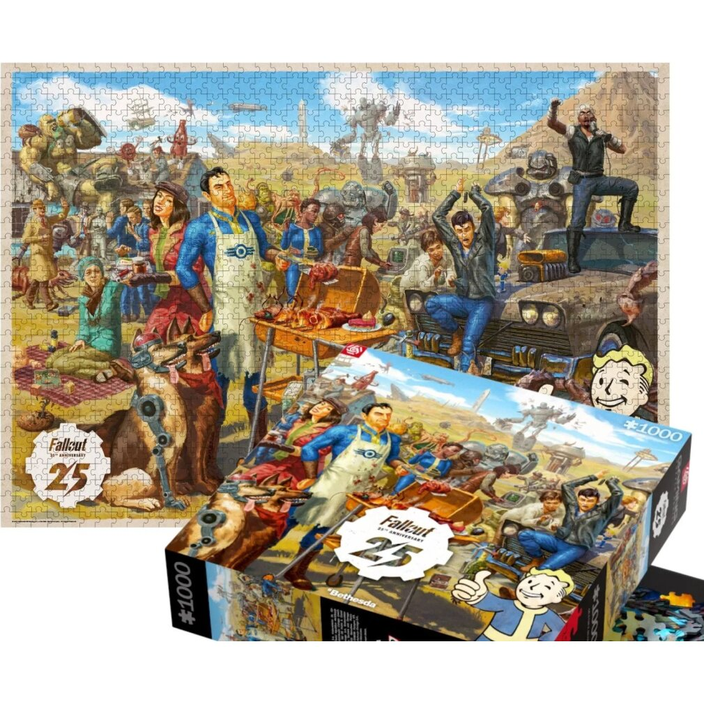 Puzzle z okazji 25-lecia Fallout. Postacie grillują, roboty, pies. Vault Boy na pudełku puzzli. Błękitne niebo i pustynne tło.