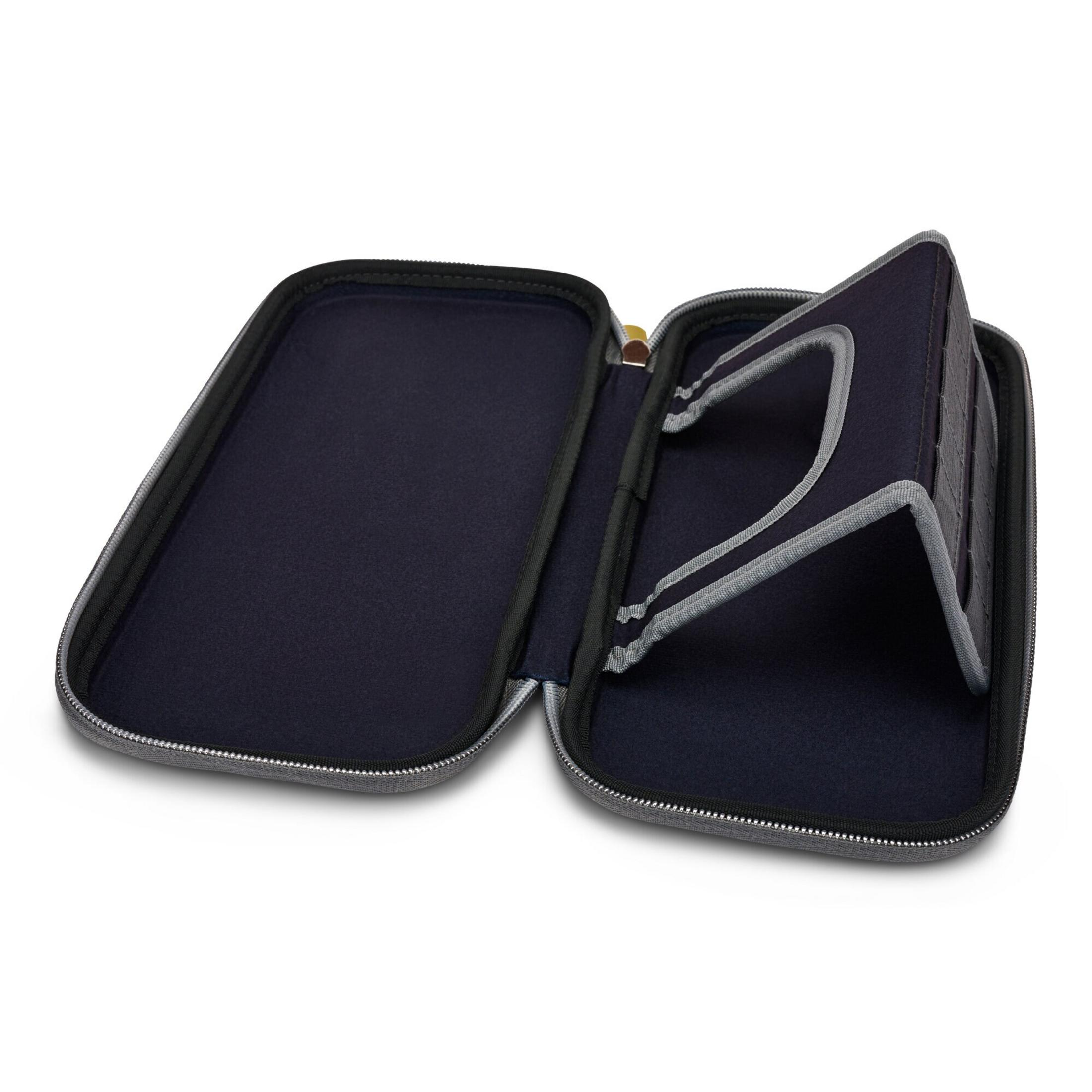 Otwarty piórnik, ciemnoniebieskie wnętrze, szary zamek błyskawiczny, z pionową sekcją.