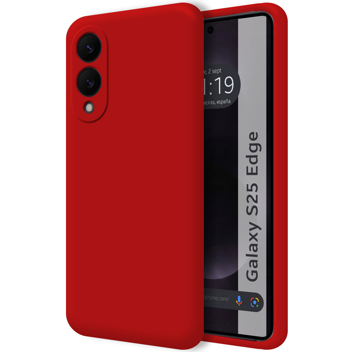 Custodia rossa per telefono con un telefono. Lo schermo del telefono mostra l'ora e le parole Galaxy S25 Edge.
