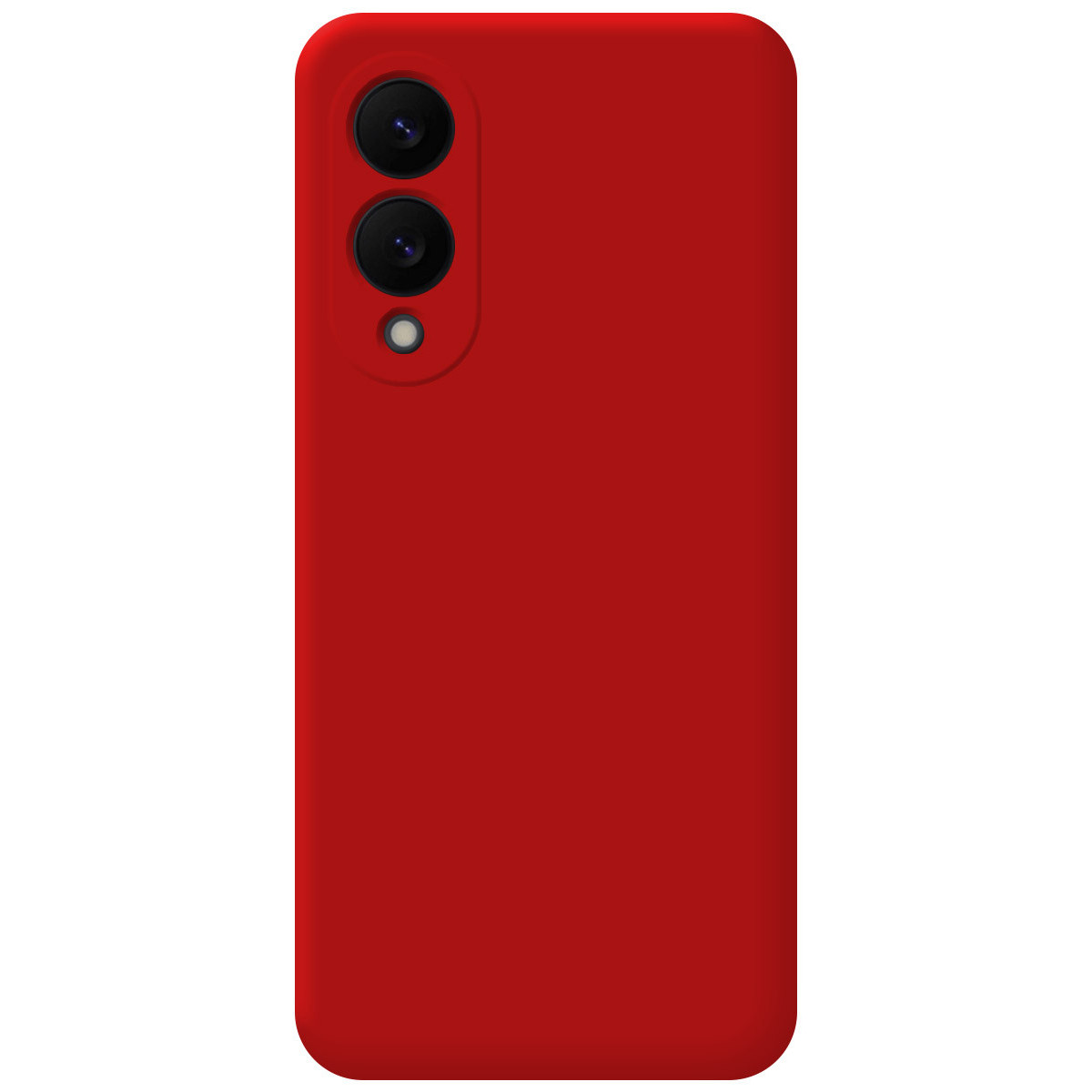 Una custodia rossa per telefono con modulo fotocamera. La custodia è rettangolare con angoli arrotondati. Lo sfondo è bianco.