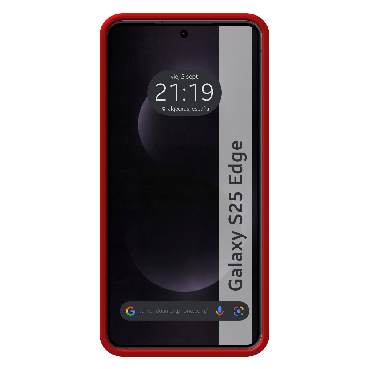 Uno smartphone con custodia rossa mostra un orologio (21:19) e il testo Galaxy S25 Edge. Lo schermo ha sfondo scuro.