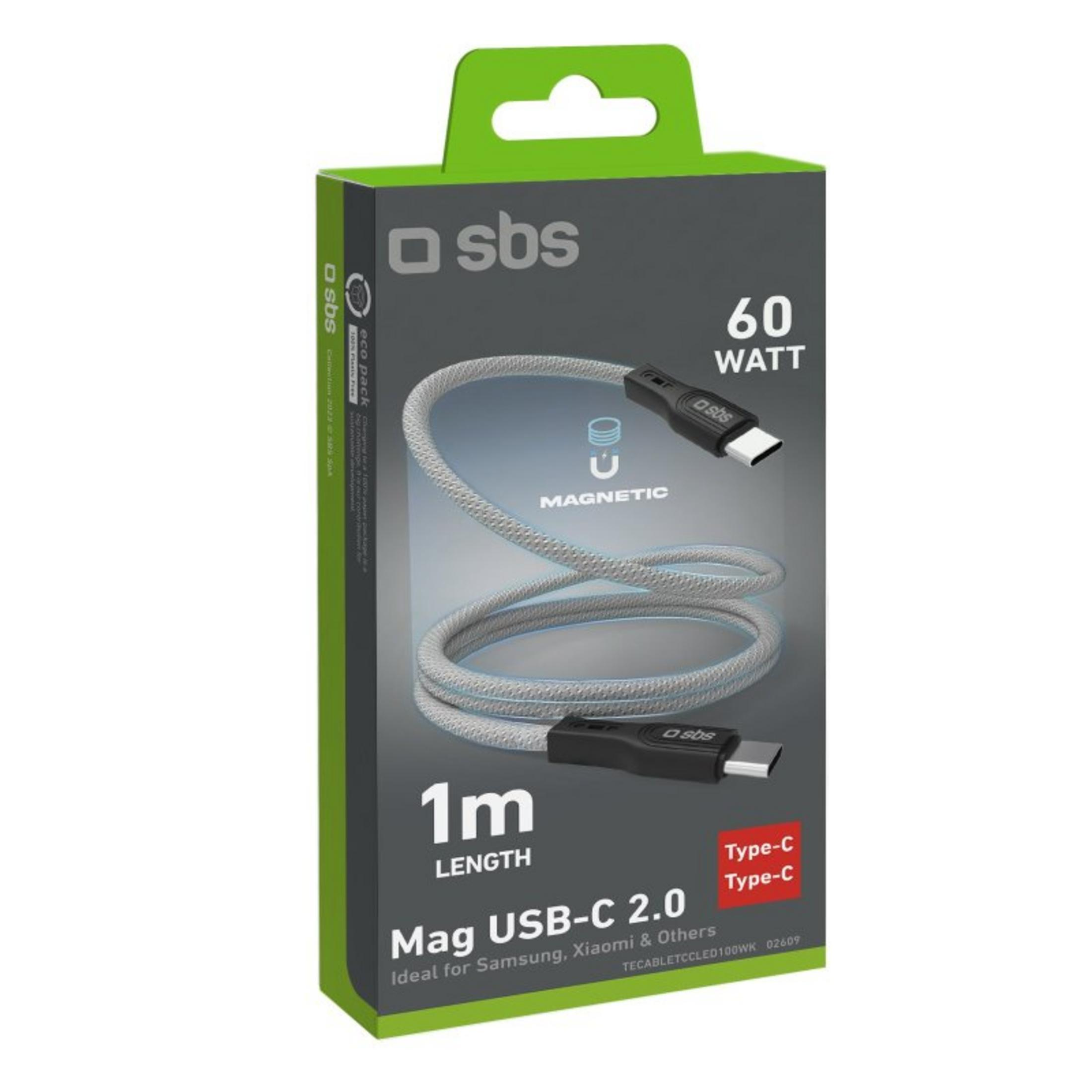 Cable Mag USB-C 2.0 en caja. Cable trenzado gris con conectores negros. Caja verde y gris con información del producto.