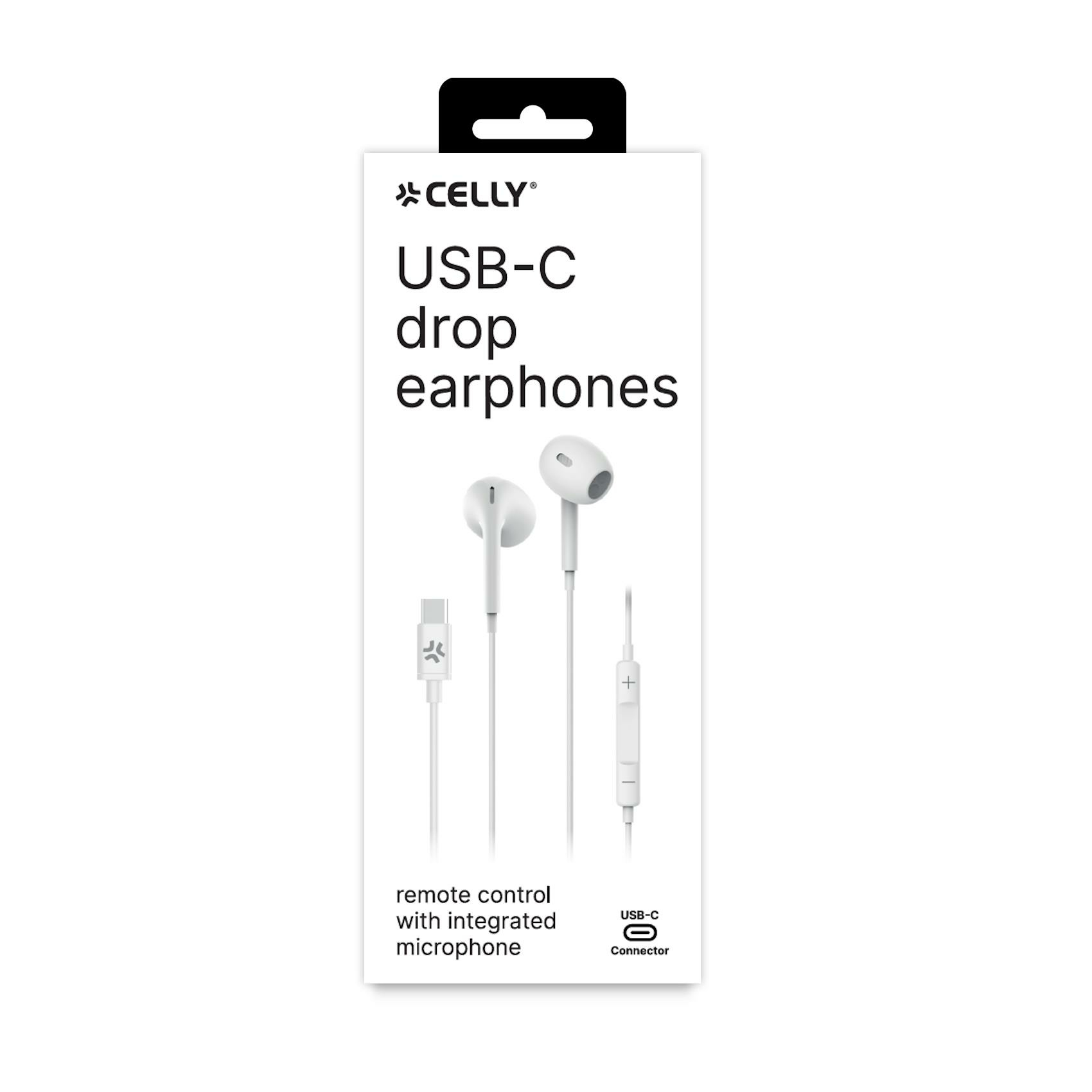 Auricolari USB-C bianche su sfondo bianco, sulla confezione c'è scritto Celly USB-C drop earphones.