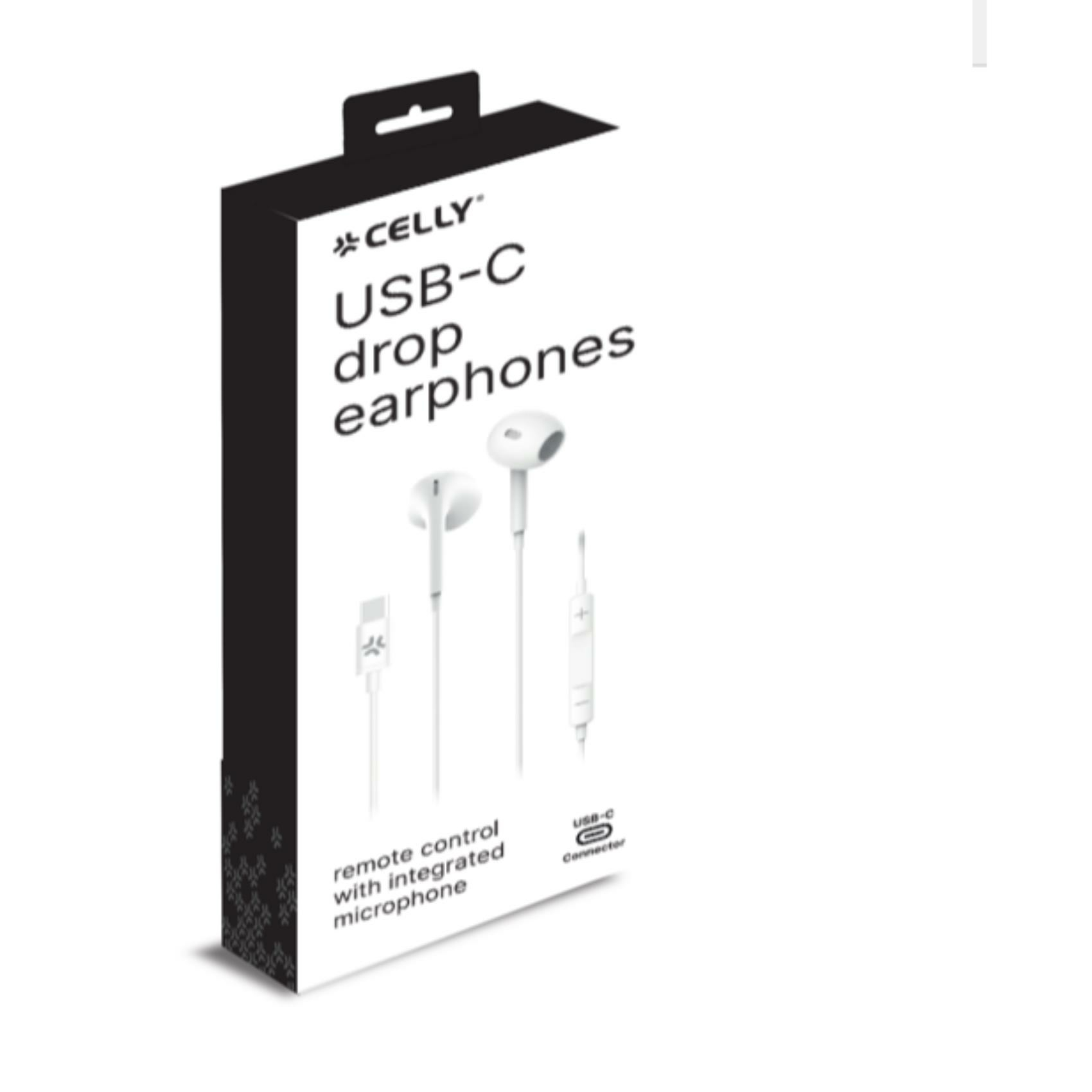 Una scatola bianca mostra auricolari USB-C del marchio Celly. Include auricolari, un connettore USB-C e telecomando con microfono.