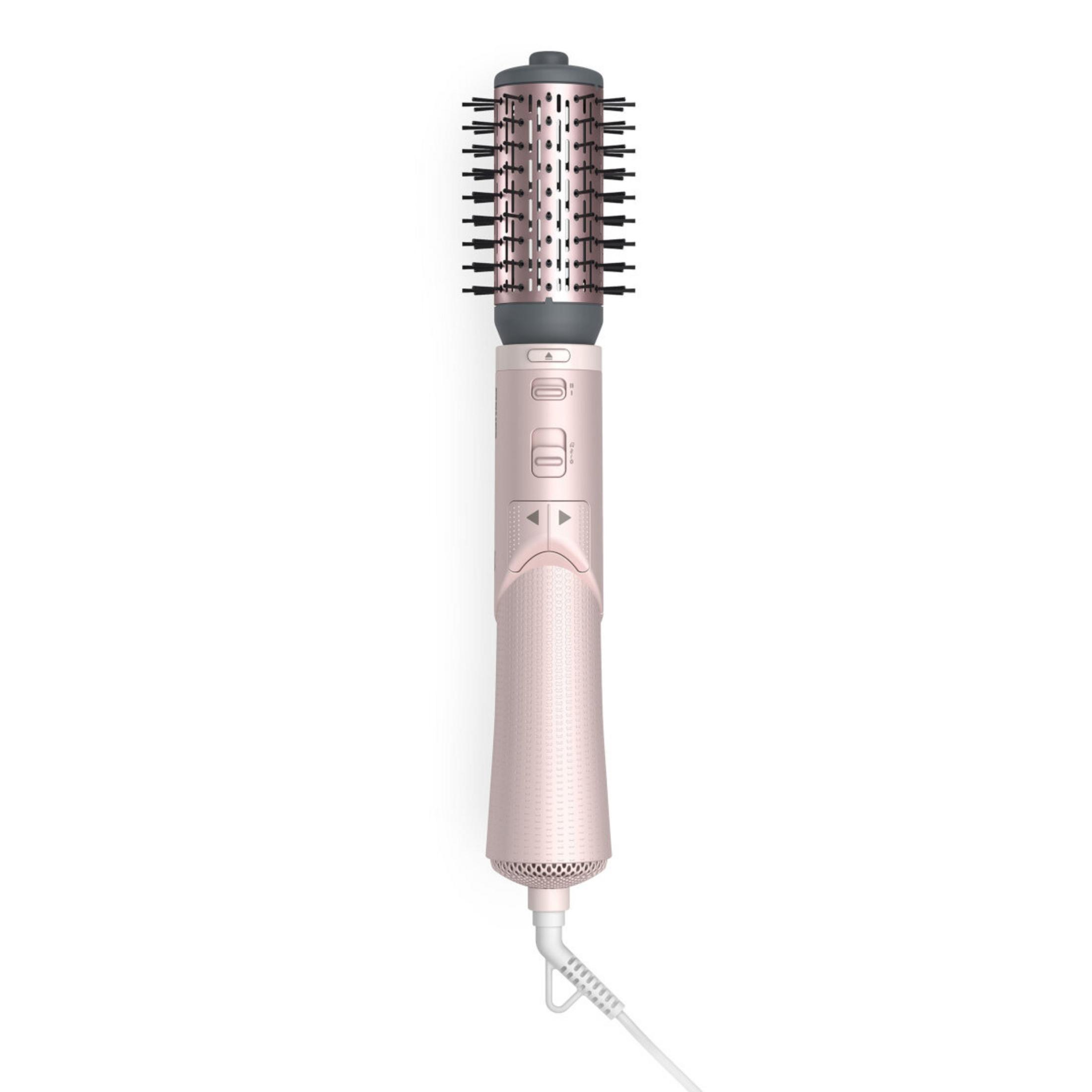 Spazzola per capelli oro rosa. Ha una testa rotante con setole e un manico con pulsanti e cavo.