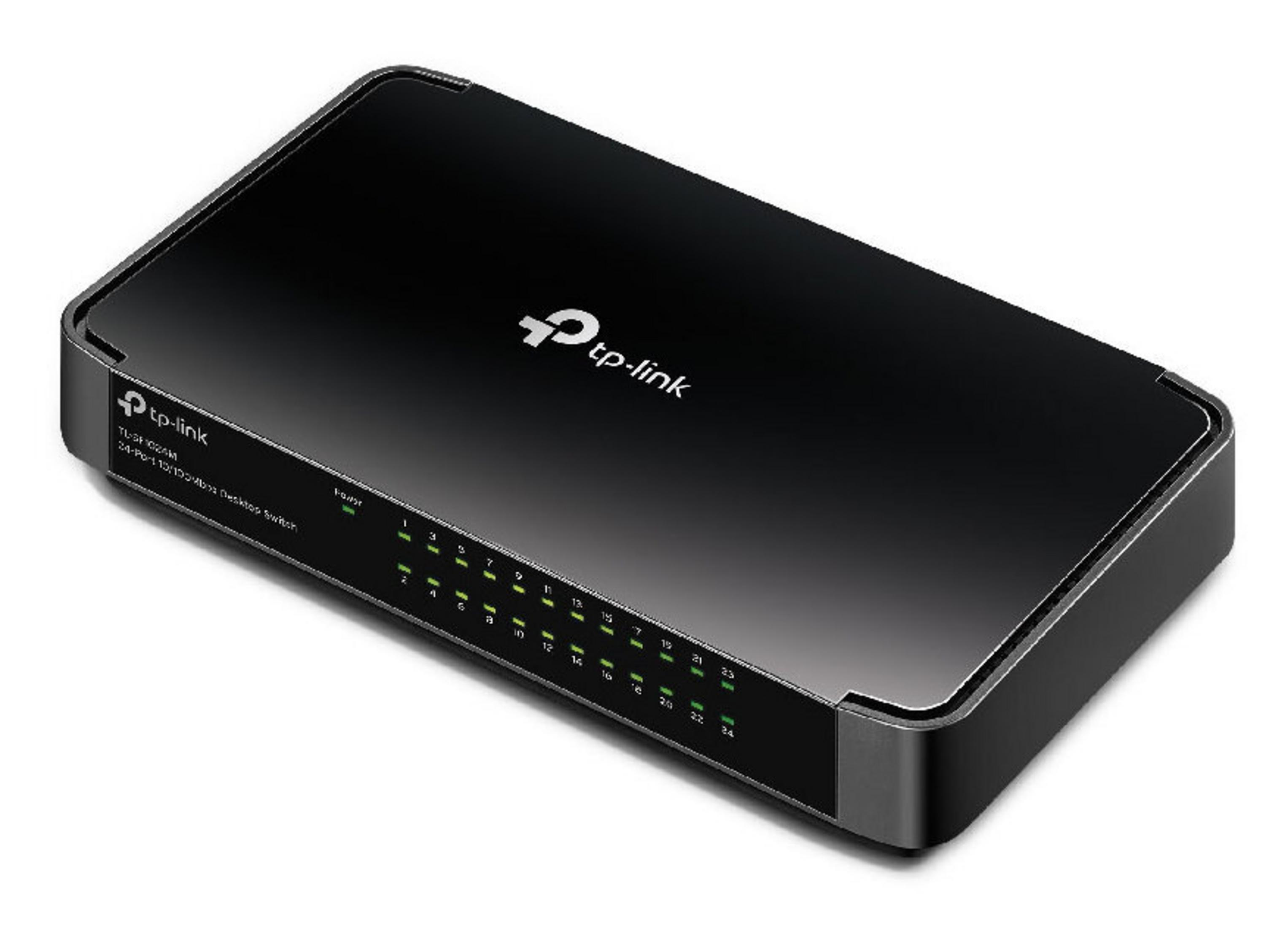 Czarny przełącznik sieciowy TP-Link na białej powierzchni. Ma zielone kontrolki i logo TP-Link.